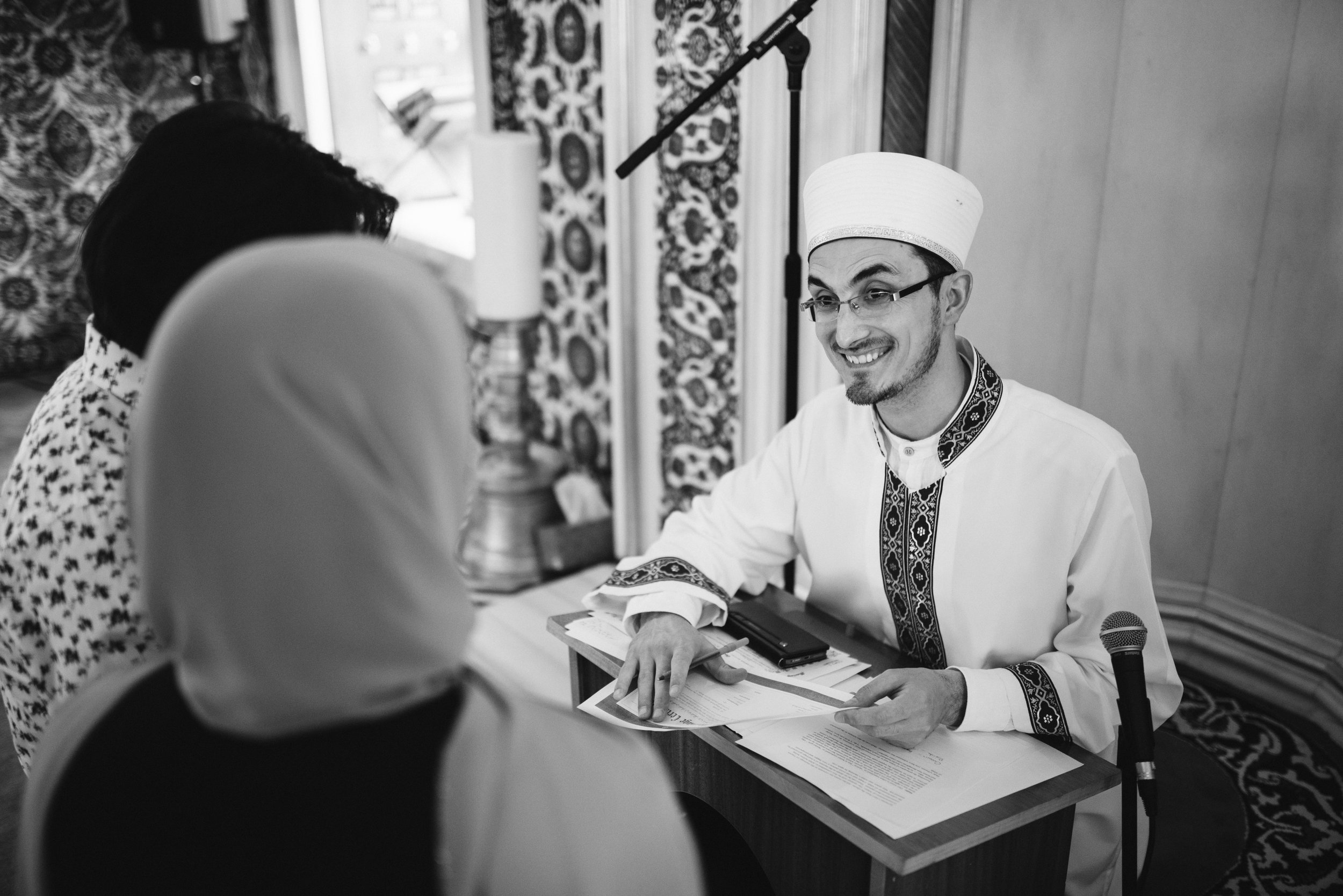  Washington DC, Baltimore Wedding Photographer, Diyanet Center of America, Spring, Intimate Wedding, Traditional, Classic, Palestinian, Turkish Design, Black and White Photo of Couple with Officiant  
