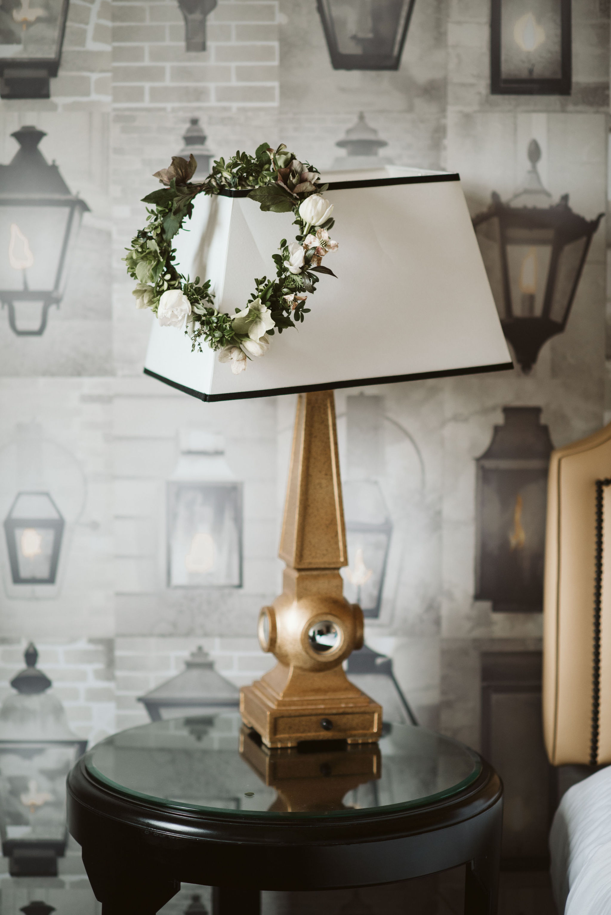  Washington DC, Baltimore Wedding Photographer, Alexandria, Old Town, Jewel Tone, Romantic, Modern, The Alexandrian Autograph Collection Hotel, Flower crown resting on lamp shade, White roses and poppies 