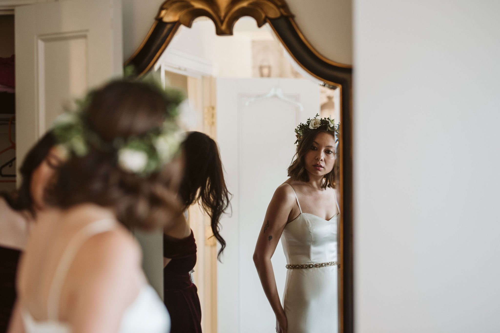  Washington DC, Baltimore Wedding Photographer, Alexandria, Old Town, Jewel Tone, Romantic, Modern, The Alexandrian Autograph Collection Hotel, Bride getting ready in the mirror 