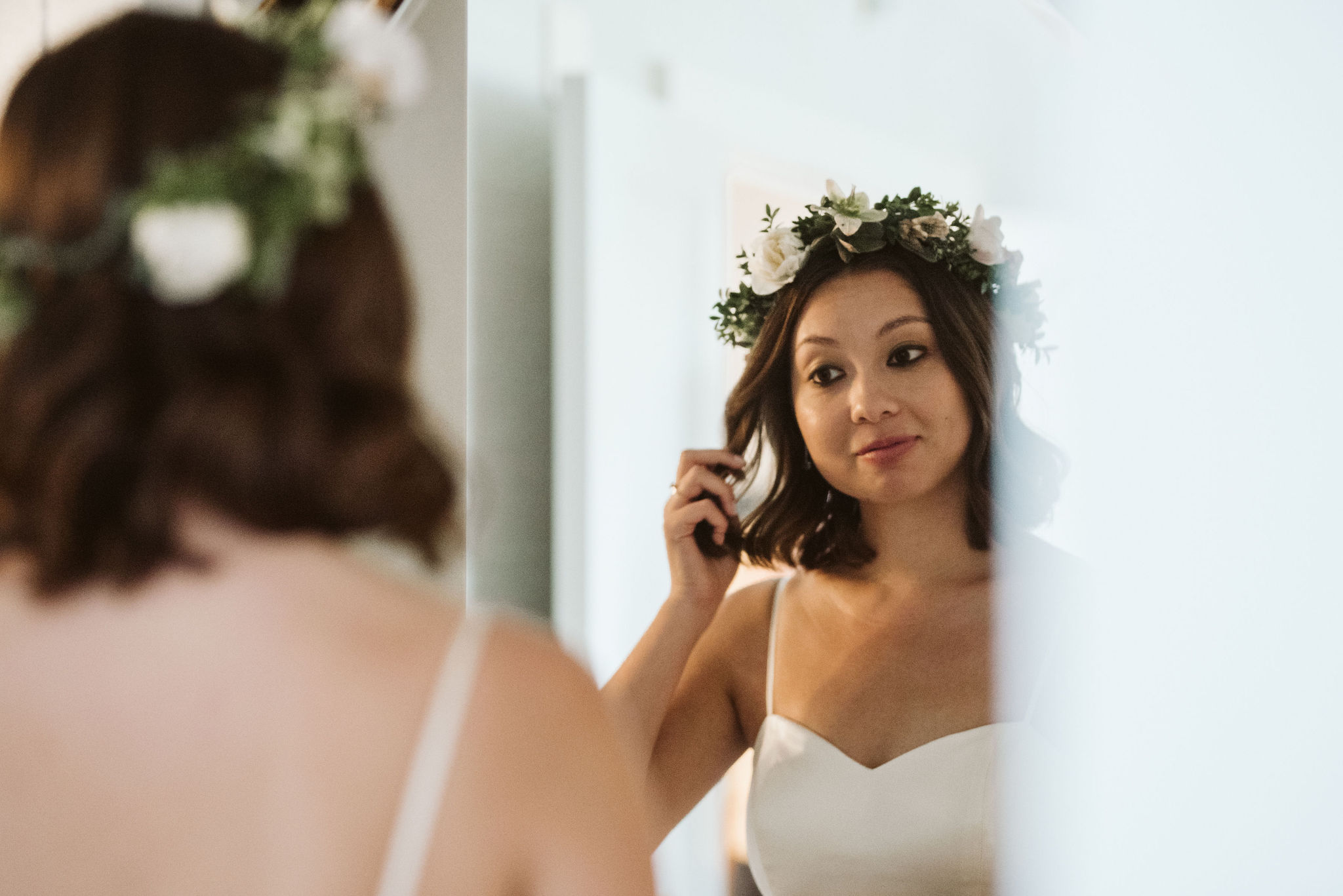  Washington DC, Baltimore Wedding Photographer, Alexandria, Old Town, Jewel Tone, Romantic, Modern, The Alexandrian Autograph Collection Hotel, Bride fixing hair in the mirror, Flower crown 