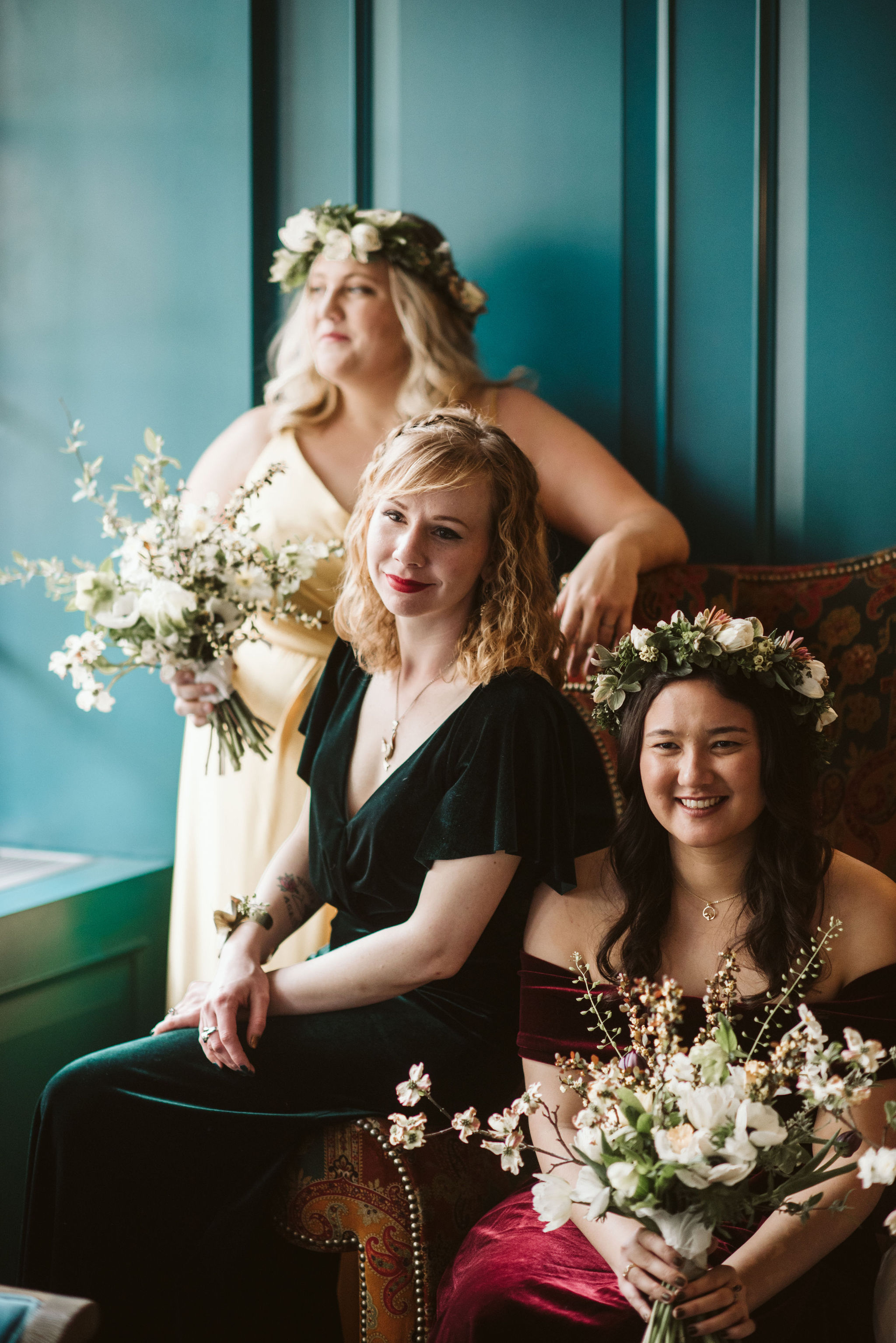  Washington DC, Baltimore Wedding Photographer, Alexandria, Old Town, Jewel Tone, Romantic, Modern, The Alexandrian Autograph Collection Hotel, Bridesmaids with velvet and chiffon dresses, Natural Floral Arrangements, Sungold Flower Co 
