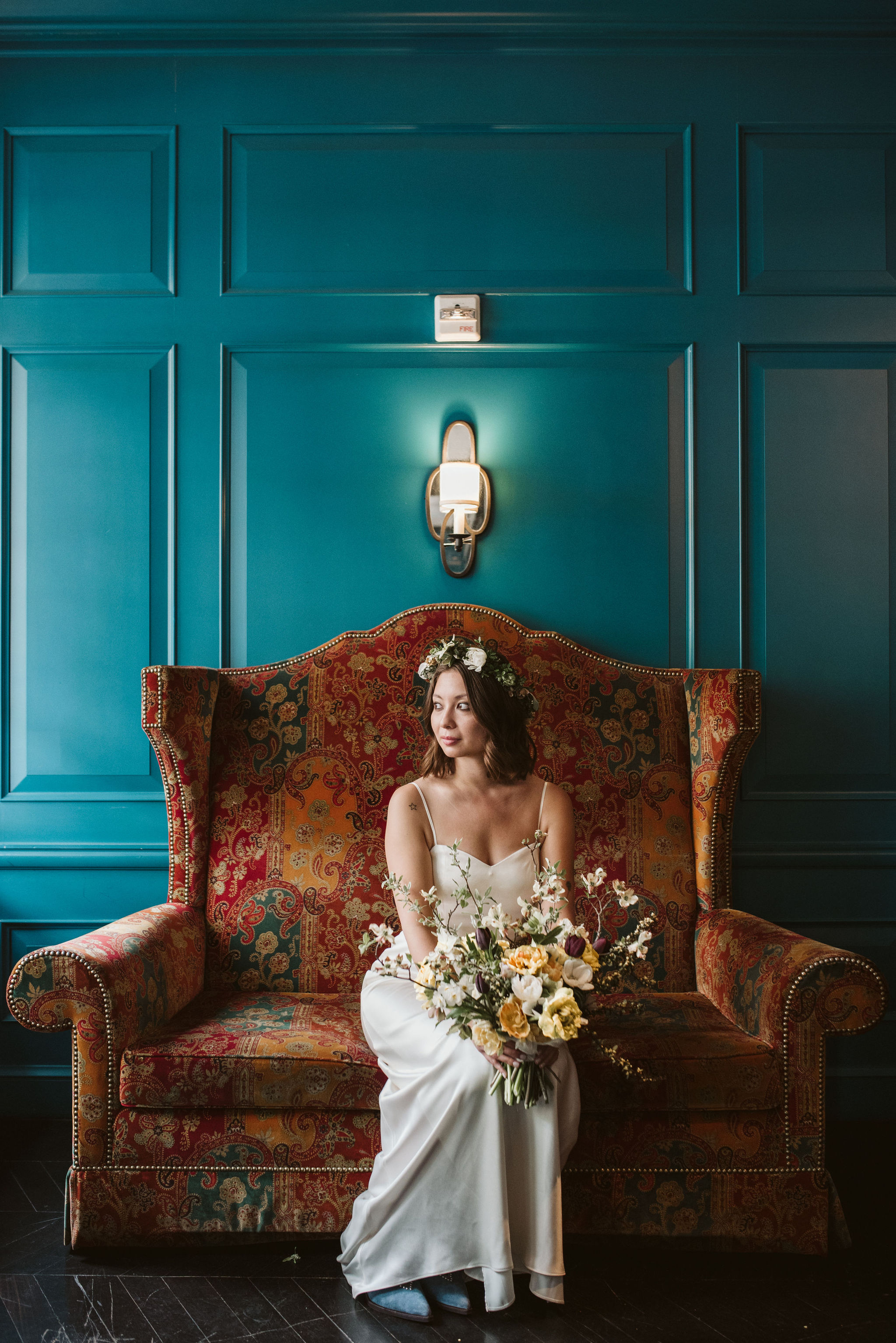  Washington DC, Baltimore Wedding Photographer, Alexandria, Old Town, Jewel Tone, Romantic, Modern, The Alexandrian Autograph Collection Hotel, Portrait of bride on red vintage couch in satin wedding dress 