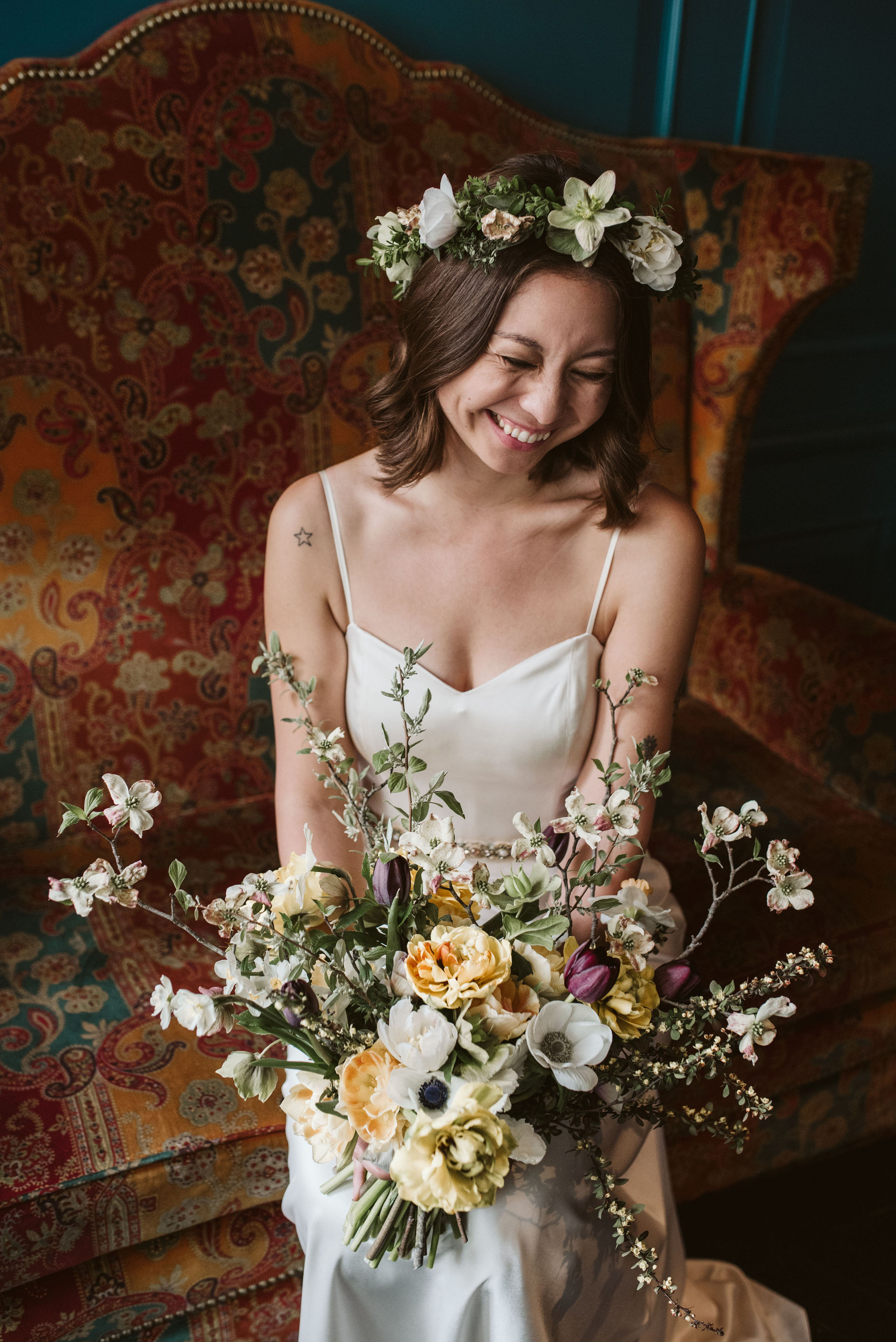  Washington DC, Baltimore Wedding Photographer, Alexandria, Old Town, Jewel Tone, Romantic, Modern, The Alexandrian Autograph Collection Hotel, Bride smiling and laughing, Sungold Flower Co 