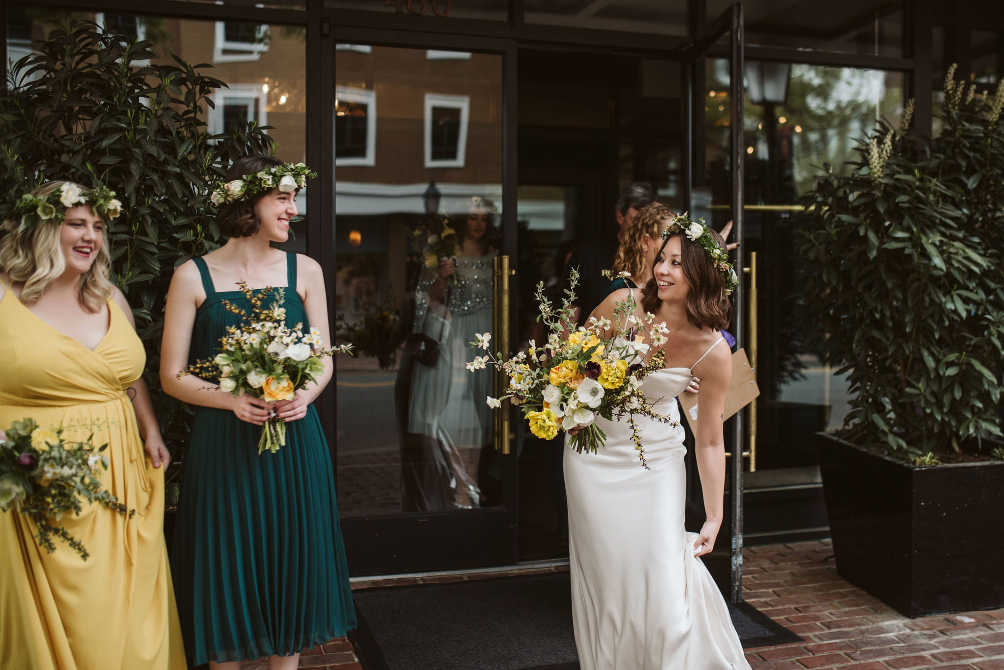  Washington DC, Baltimore Wedding Photographer, Alexandria, Old Town, Jewel Tone, Romantic, Modern, The Alexandrian Autograph Collection Hotel, Bride and bridesmaids meeting outside to walk to venue, Sungold Flower Co 