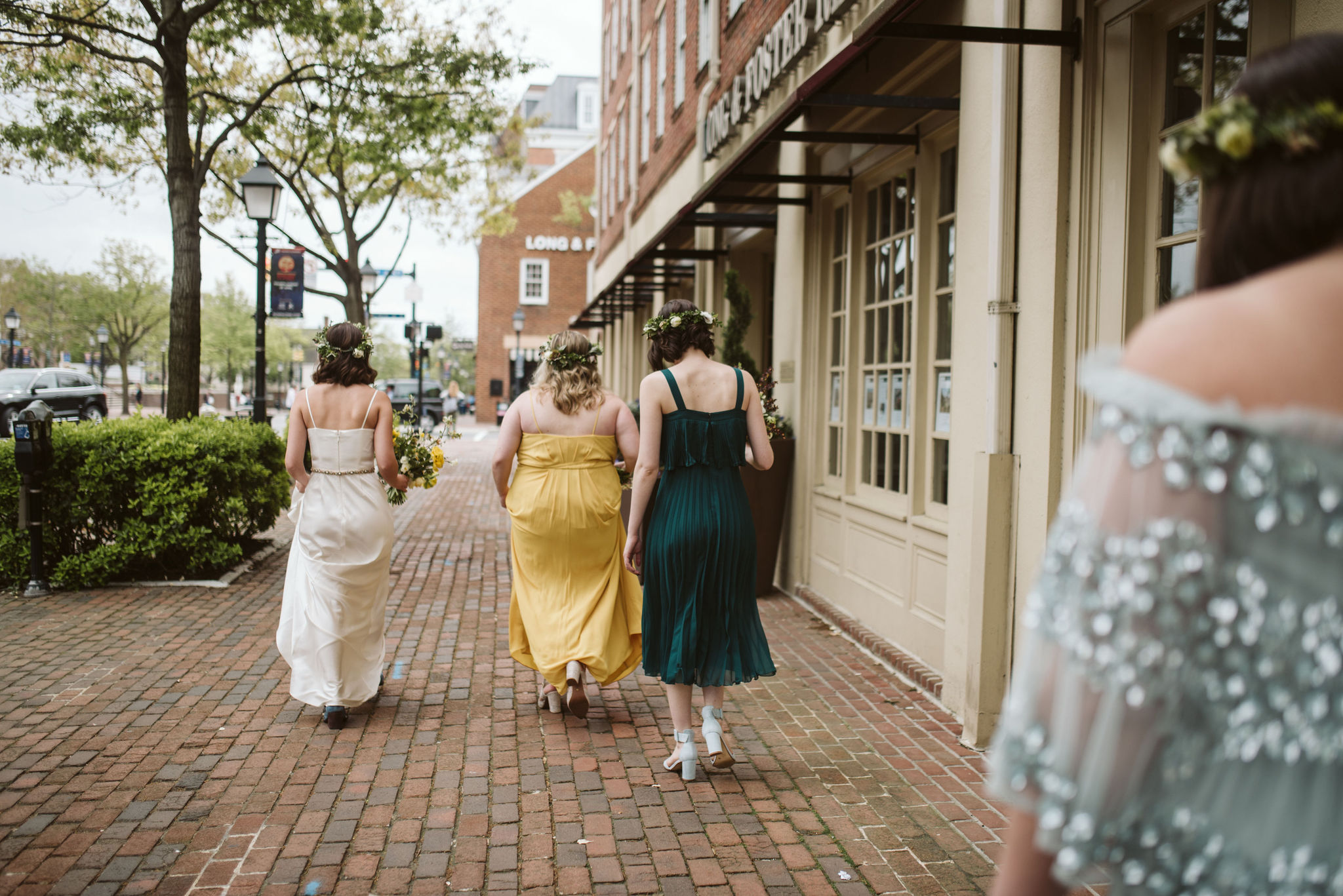  Washington DC, Baltimore Wedding Photographer, Alexandria, Old Town, Jewel Tone, Romantic, Modern, Bride and bridesmaids walking on brick sidewalk 