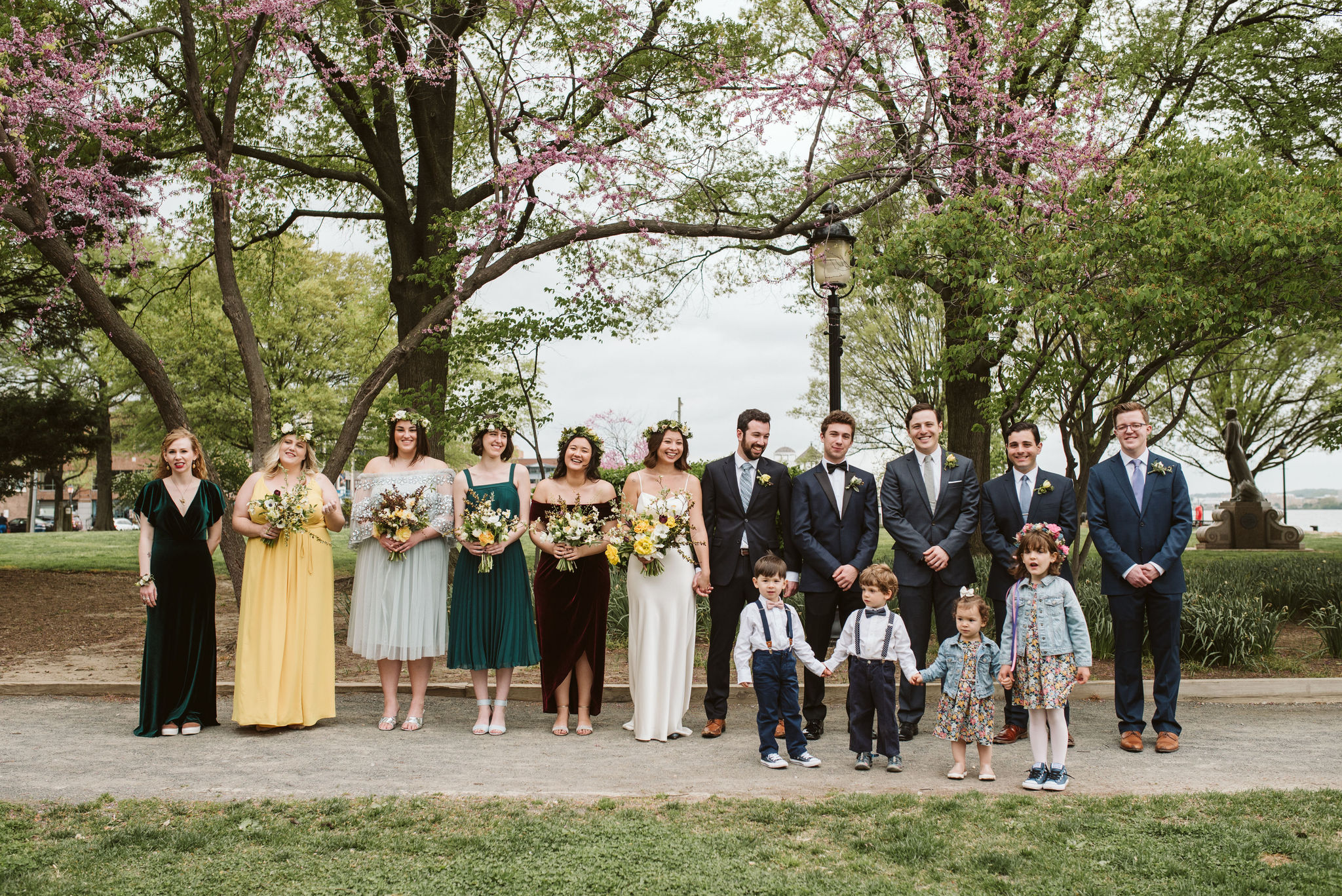  Washington DC, Baltimore Wedding Photographer, Alexandria, Old Town, Jewel Tone, Romantic, Modern, Portrait of entire wedding party in park 
