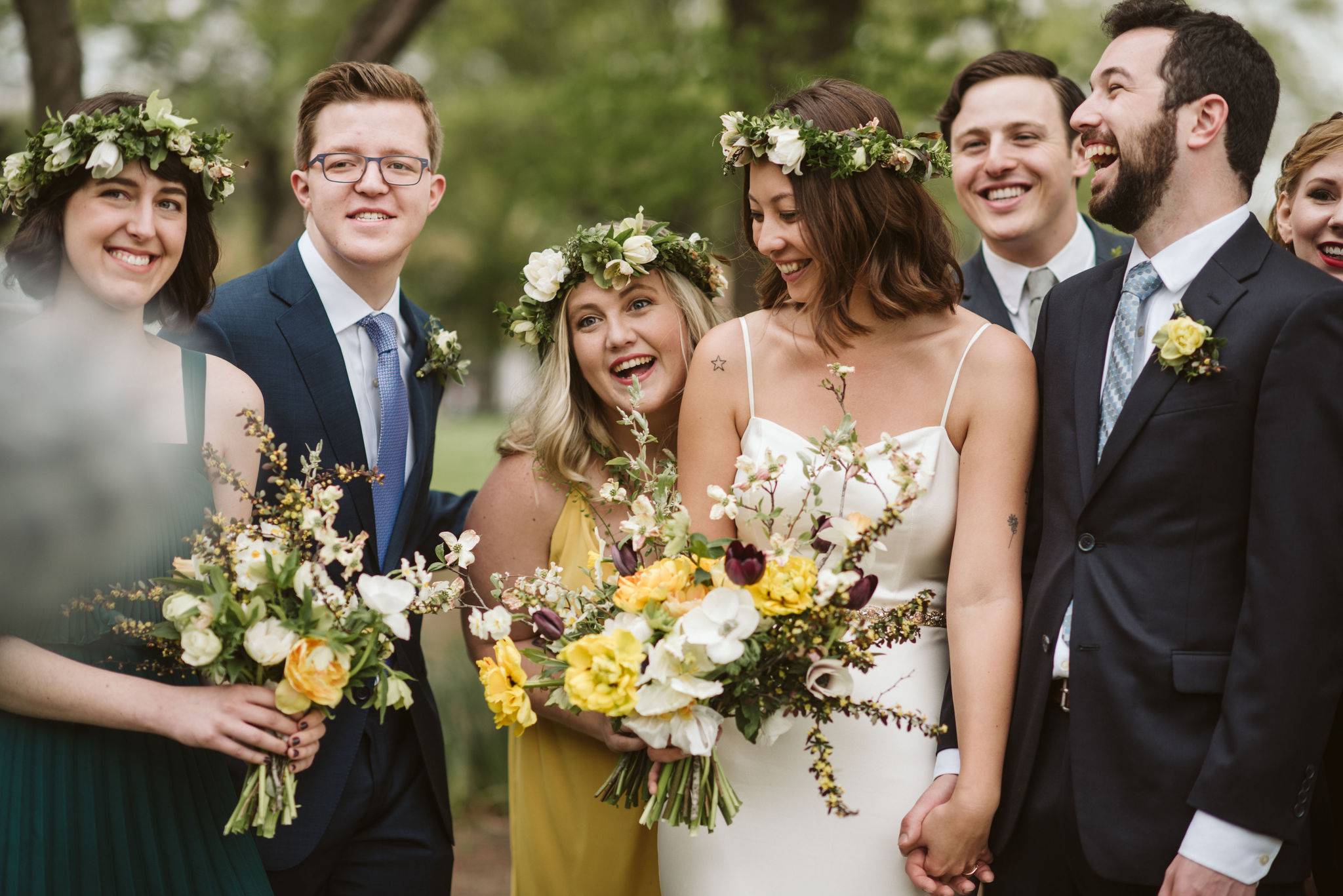  Washington DC, Maryland Wedding Photographer, Alexandria, Old Town, Jewel Tone, Romantic, Modern, Friends posing with bride and groom, Flower crowns, Sungold Flower Co 