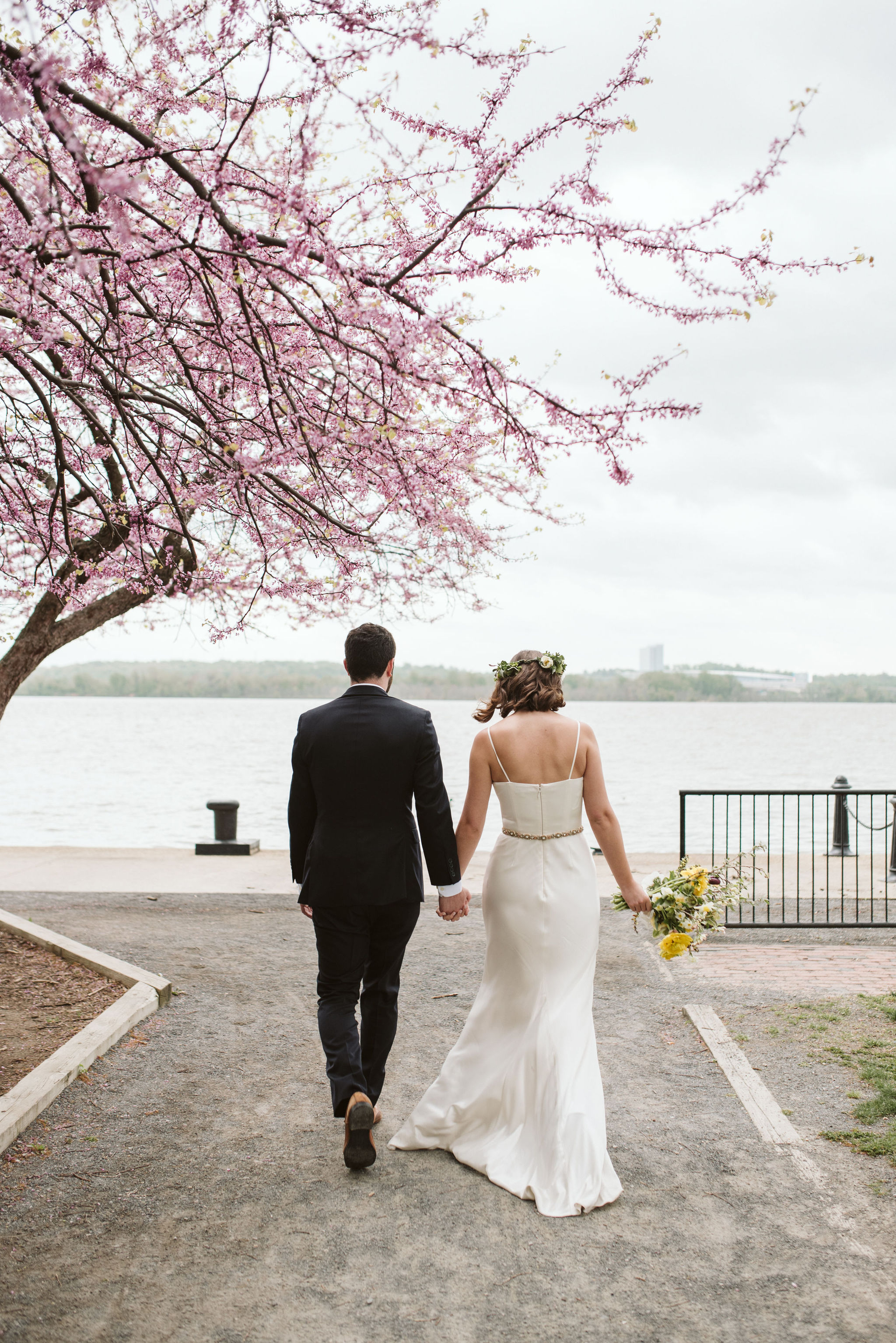  Washington DC, Baltimore Wedding Photographer, Alexandria, Old Town, Jewel Tone, Romantic, Modern, Bride and Groom Walking Hand in Hand from Behind, Waterfront 