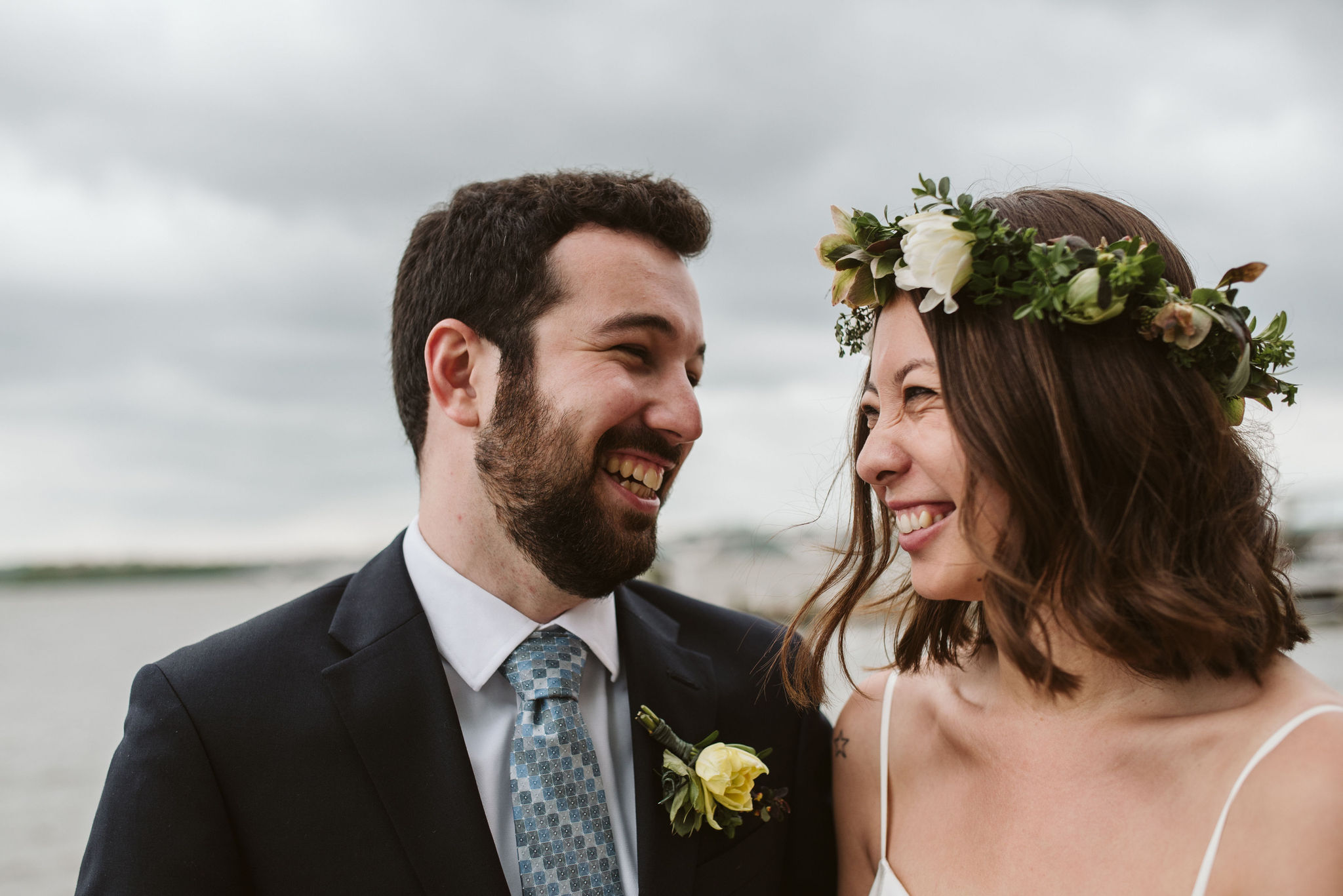  Washington DC, Baltimore Wedding Photographer, Alexandria, Old Town, Jewel Tone, Romantic, Modern, Portrait of Bride and Groom Smiling at Each Other, Flower Crown 