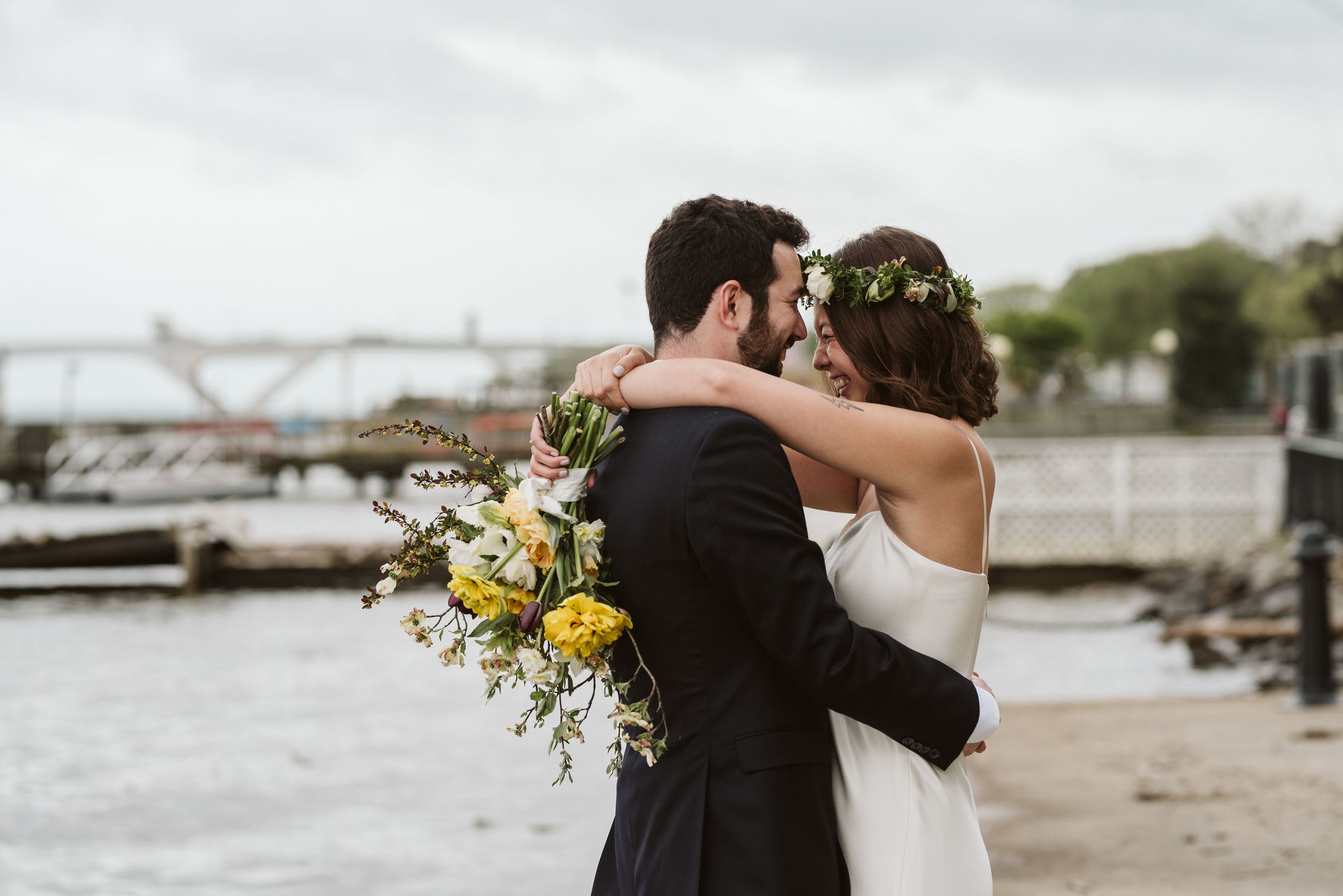  Washington DC, Baltimore Wedding Photographer, Alexandria, Old Town, Jewel Tone, Romantic, Modern, Bride and Groom Hugging and Laughing Together, Waterfront, Sungold Flower Co 