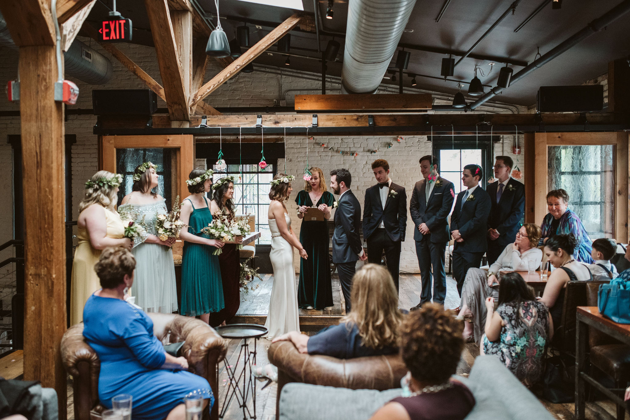 Washington DC, Baltimore Wedding Photographer, Alexandria, Old Town, Jewel Tone, Romantic, Modern, Virtue Feed &amp; Grain, Bride and Groom Stand in Front of Friends and Family, Wedding Ceremony 