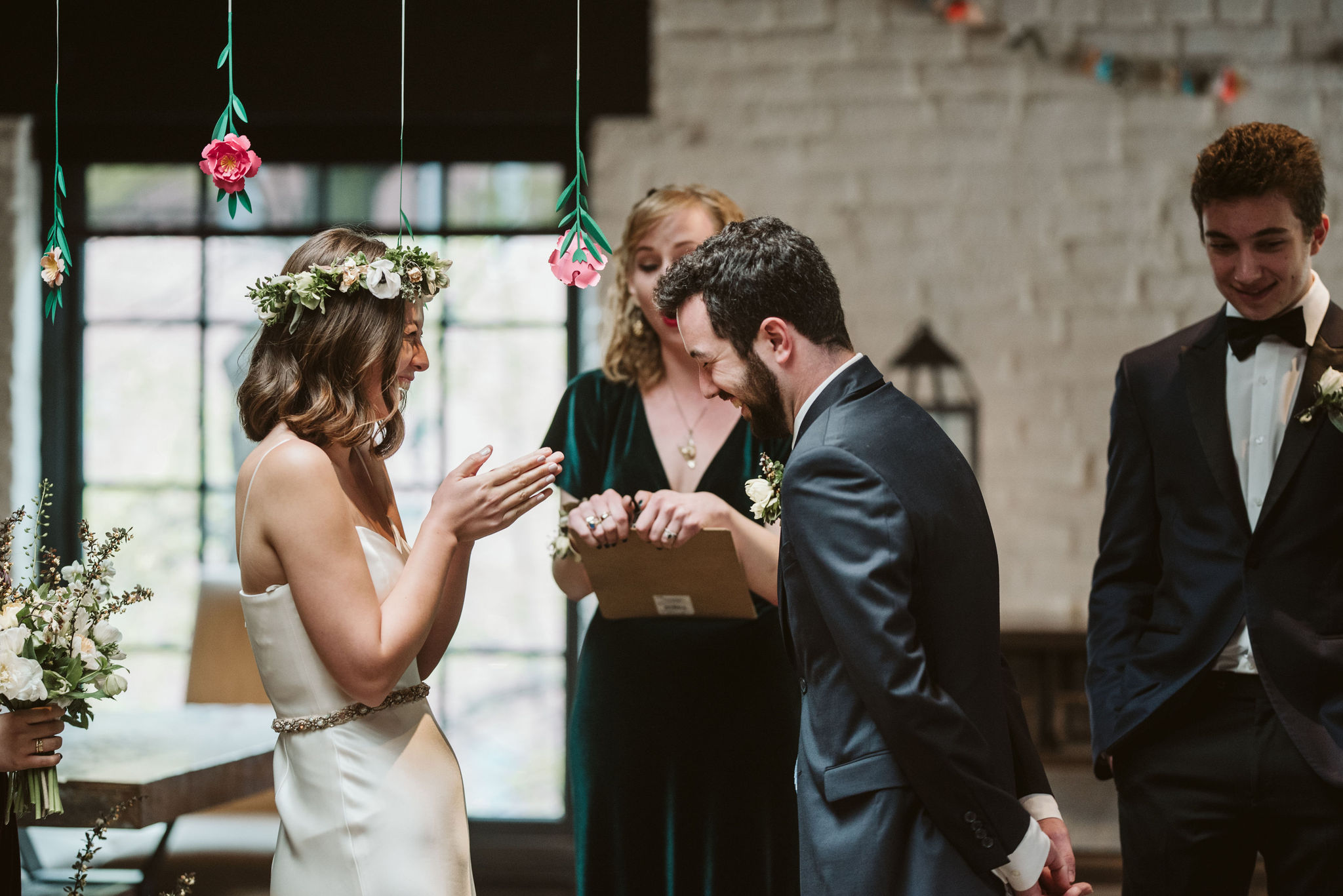  Washington DC, Baltimore Wedding Photographer, Alexandria, Old Town, Jewel Tone, Romantic, Modern, Virtue Feed &amp; Grain, Paper Flowers, Bride and Groom Laugh Together During Ceremony 
