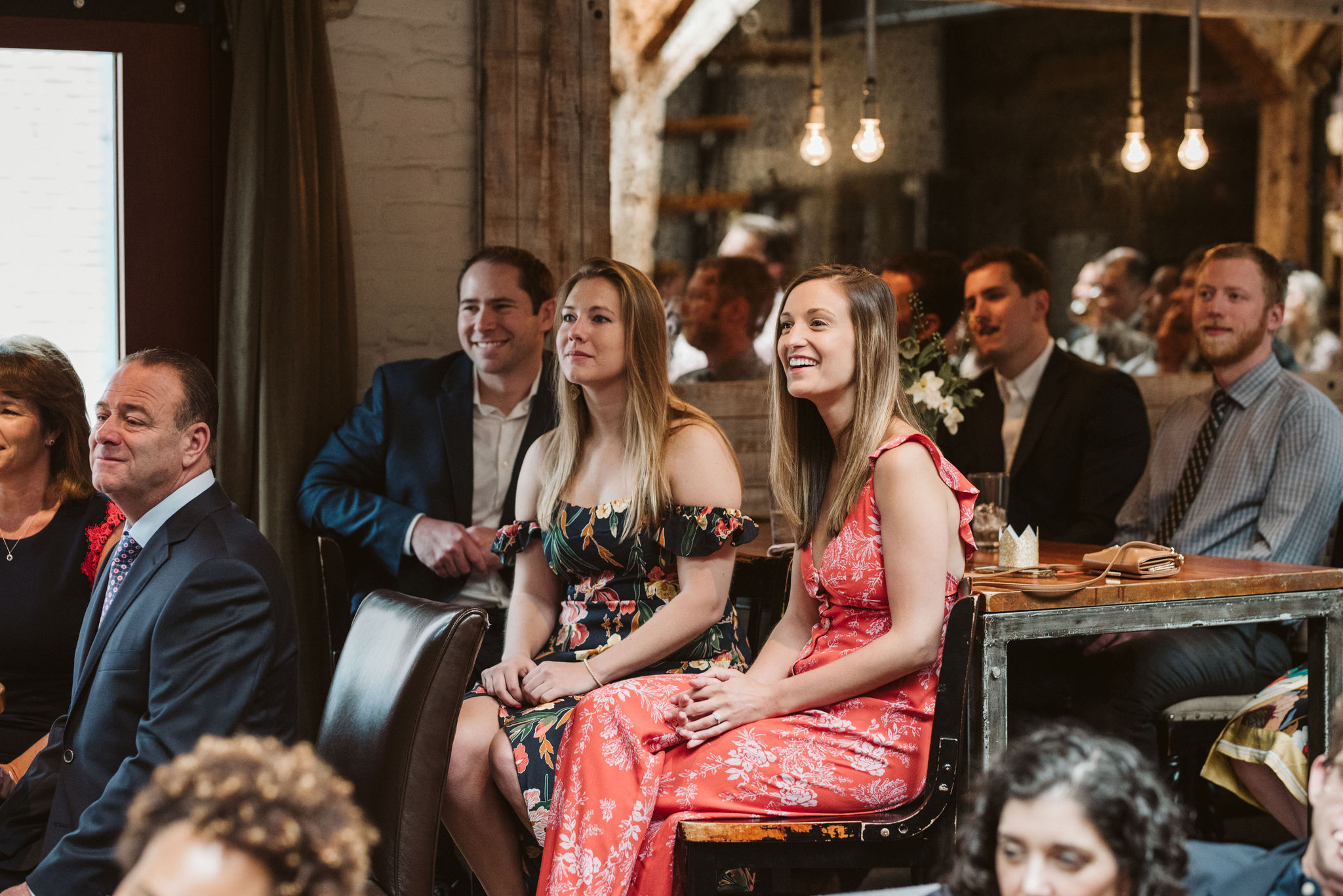  Washington DC, Baltimore Wedding Photographer, Alexandria, Old Town, Jewel Tone, Romantic, Modern, Virtue Feed &amp; Grain, Guests Smiling While Watching Ceremony 