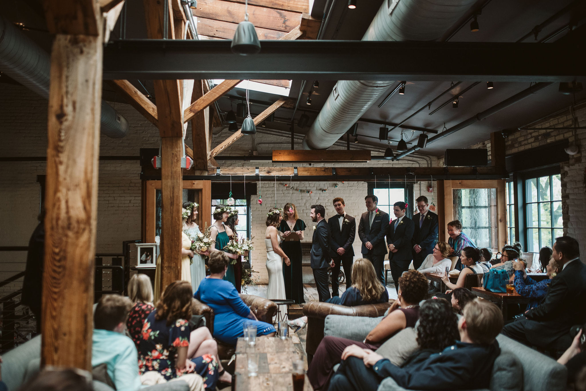  Washington DC, Baltimore Wedding Photographer, Alexandria, Old Town, Jewel Tone, Romantic, Modern, Virtue Feed &amp; Grain, Whole Scene of Guests Gathered During Ceremony 