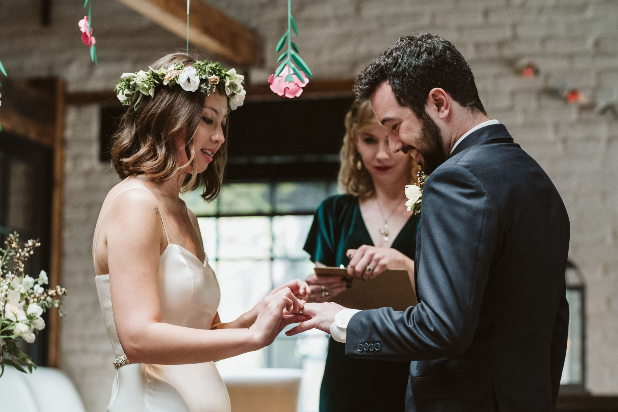  Washington DC, Baltimore Wedding Photographer, Alexandria, Old Town, Jewel Tone, Romantic, Modern, Virtue Feed &amp; Grain, Bride and Groom Exchanging Rings at Ceremony 