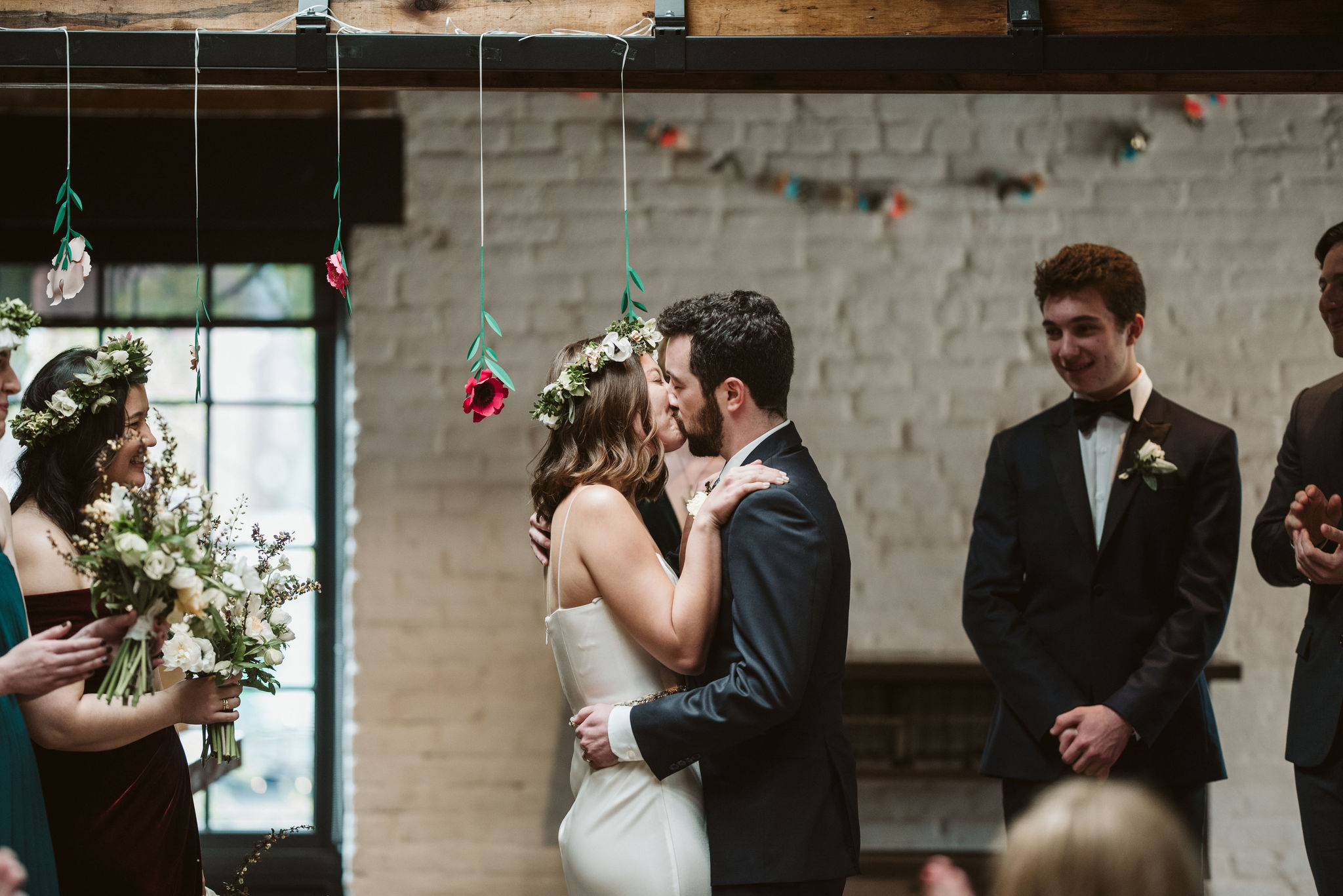  Washington DC, Baltimore Wedding Photographer, Alexandria, Old Town, Jewel Tone, Romantic, Modern, Virtue Feed &amp; Grain, Bride and Groom Share First Kiss, Just Married 