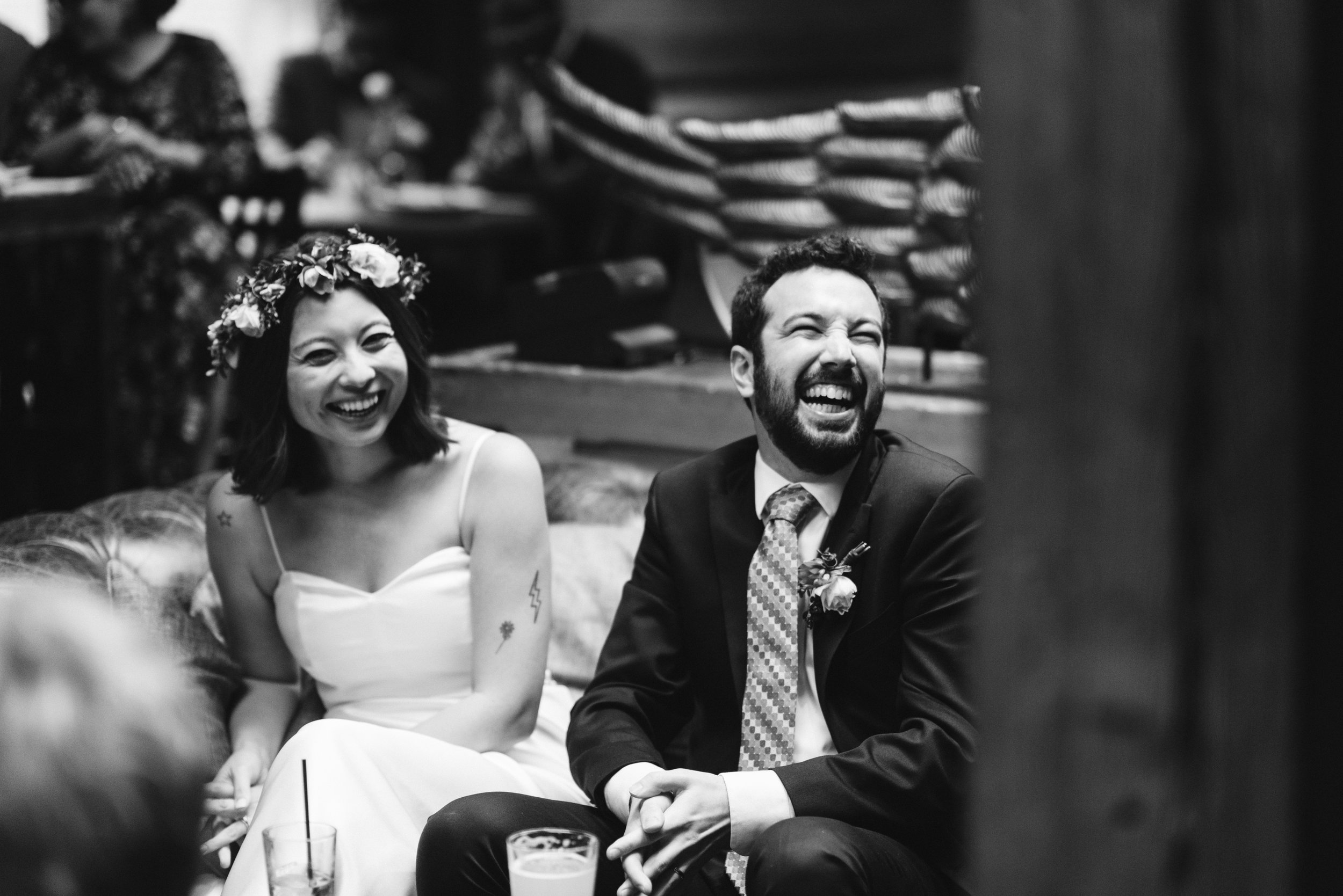  Washington DC, Baltimore Wedding Photographer, Alexandria, Old Town, Jewel Tone, Romantic, Modern, Virtue Feed &amp; Grain, Candid Photo of Bride and Groom Laughing During Speech, Black and White 
