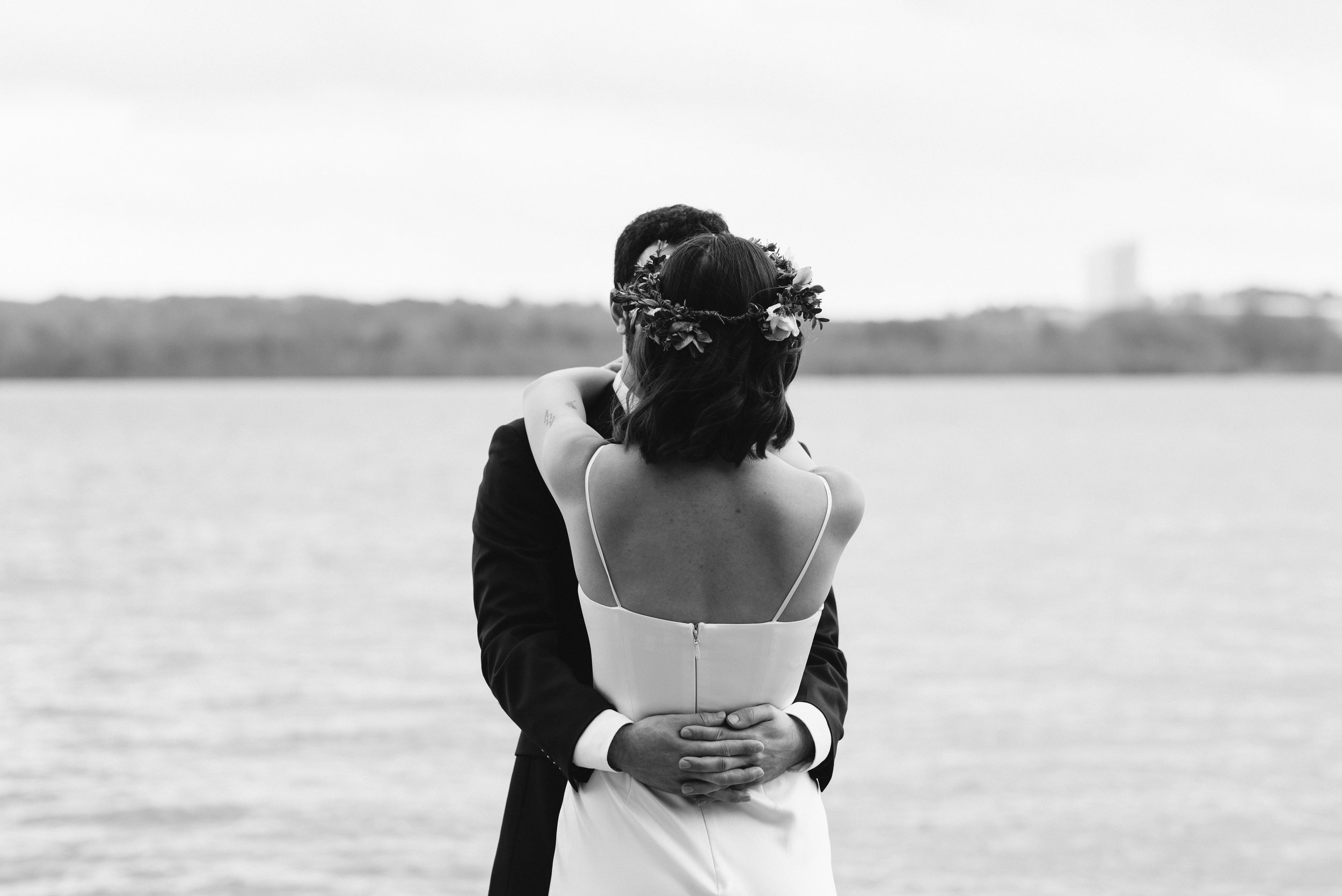  Washington DC, Baltimore Wedding Photographer, Alexandria, Old Town, Jewel Tone, Romantic, Modern, Bride and Groom Holding Each Other, Photo from Behind, Black and White 