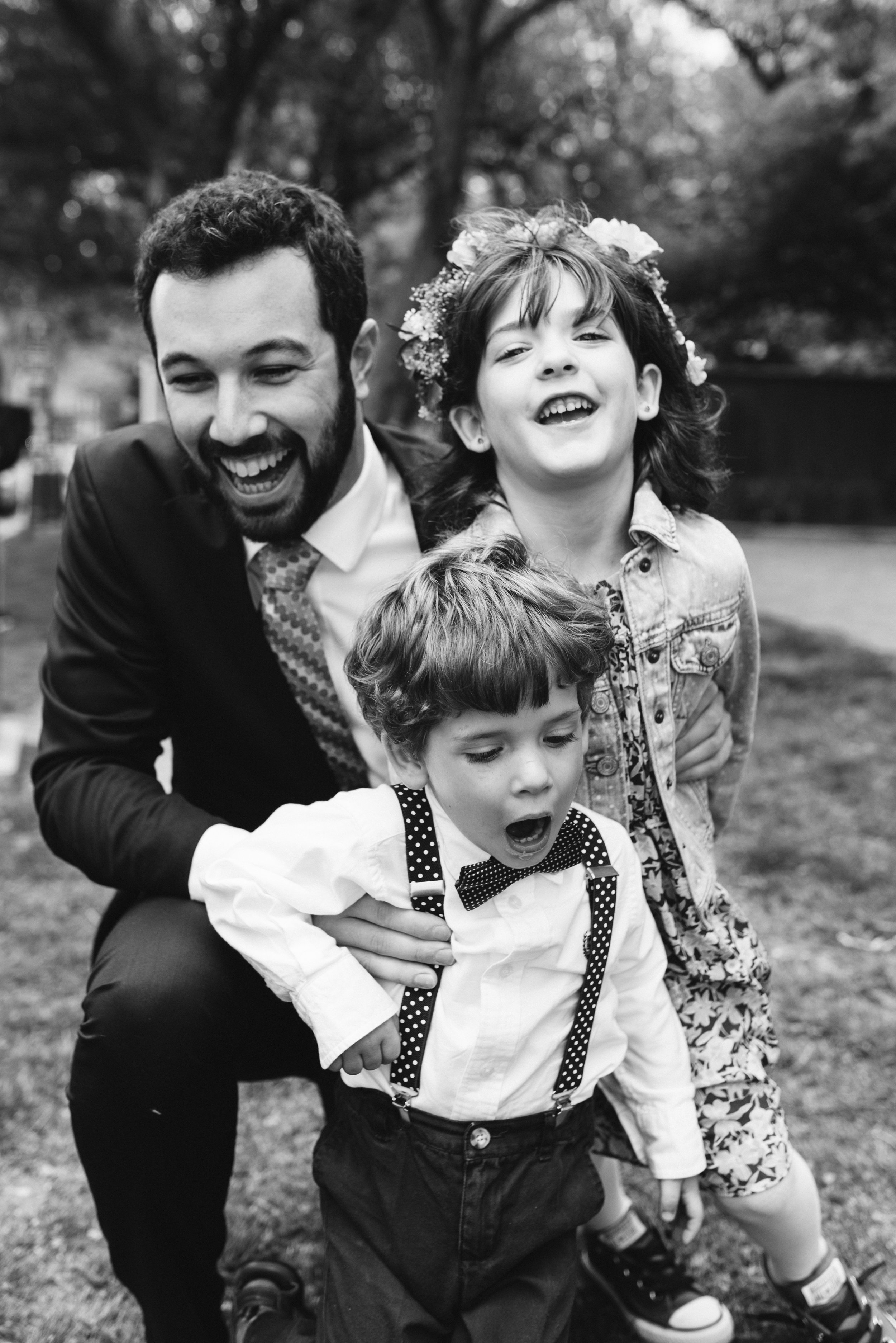  Washington DC, Baltimore Wedding Photographer, Alexandria, Old Town, Jewel Tone, Romantic, Modern, Groom Laughing with Little Boy and Girl, Black and White Photo 