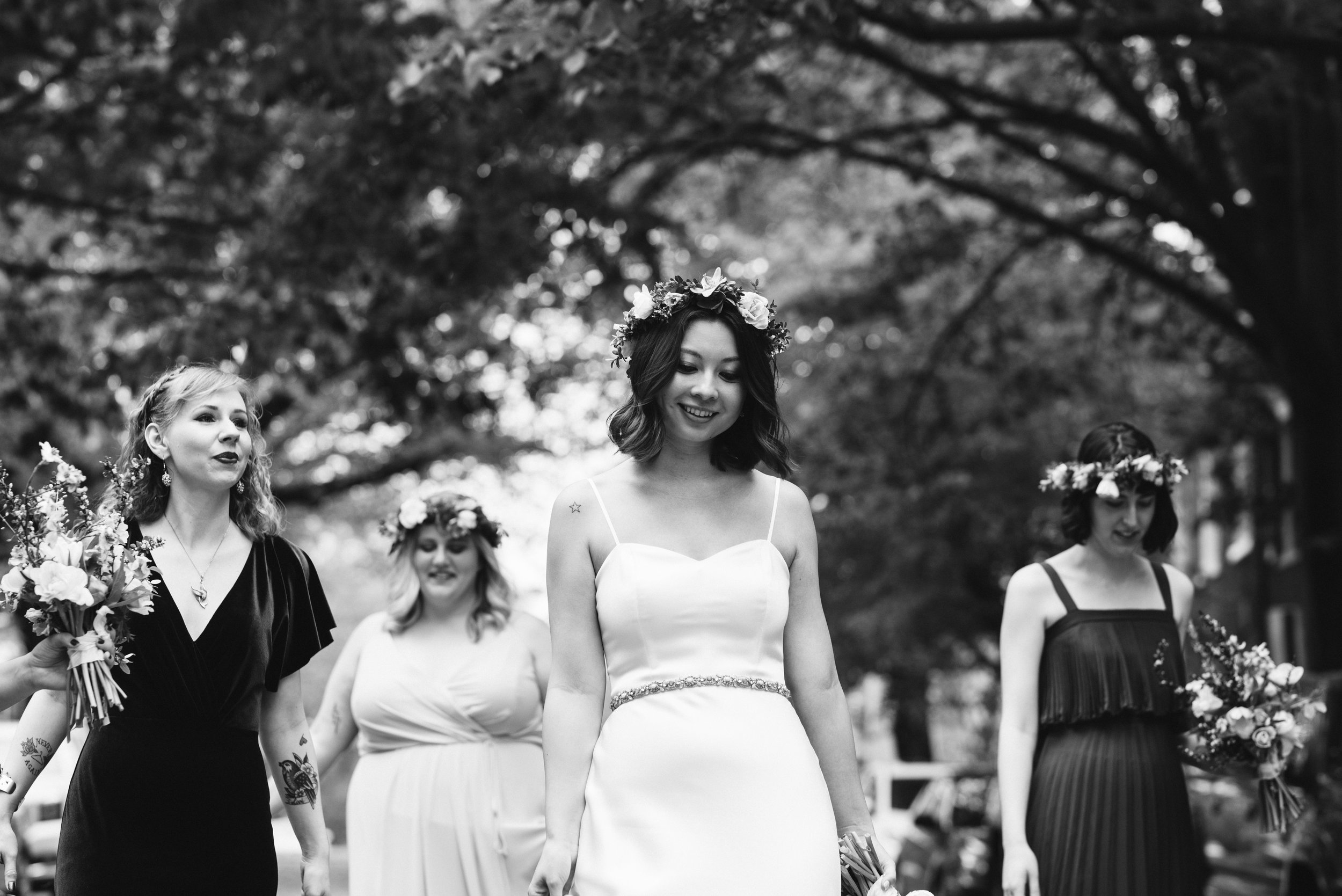  Washington DC, Baltimore Wedding Photographer, Alexandria, Old Town, Jewel Tone, Romantic, Modern, Black and white photo of bride and bridesmaids walking to venue 