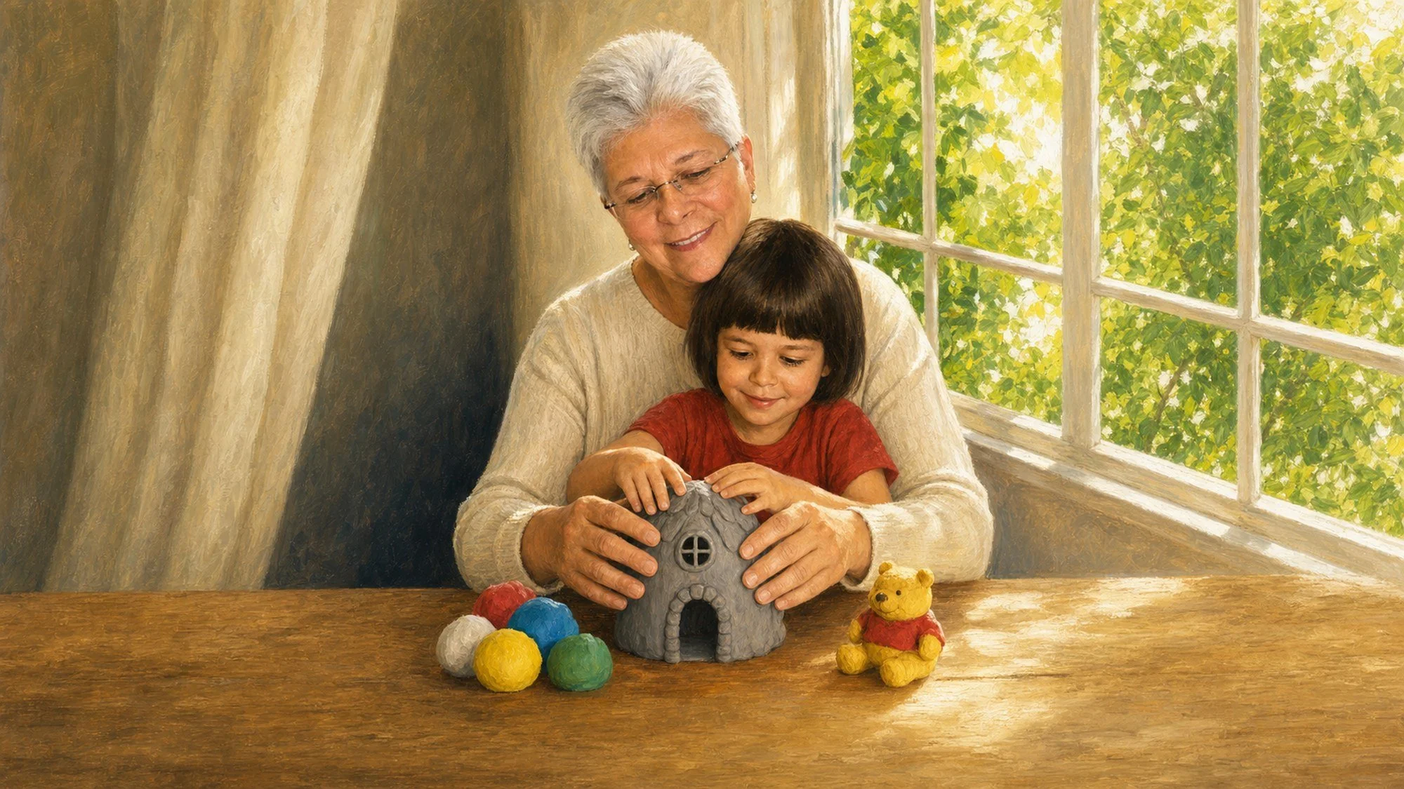Woman and her inner child sitting together, hands resting on a small clay fairy house they are shaping in warm window light
