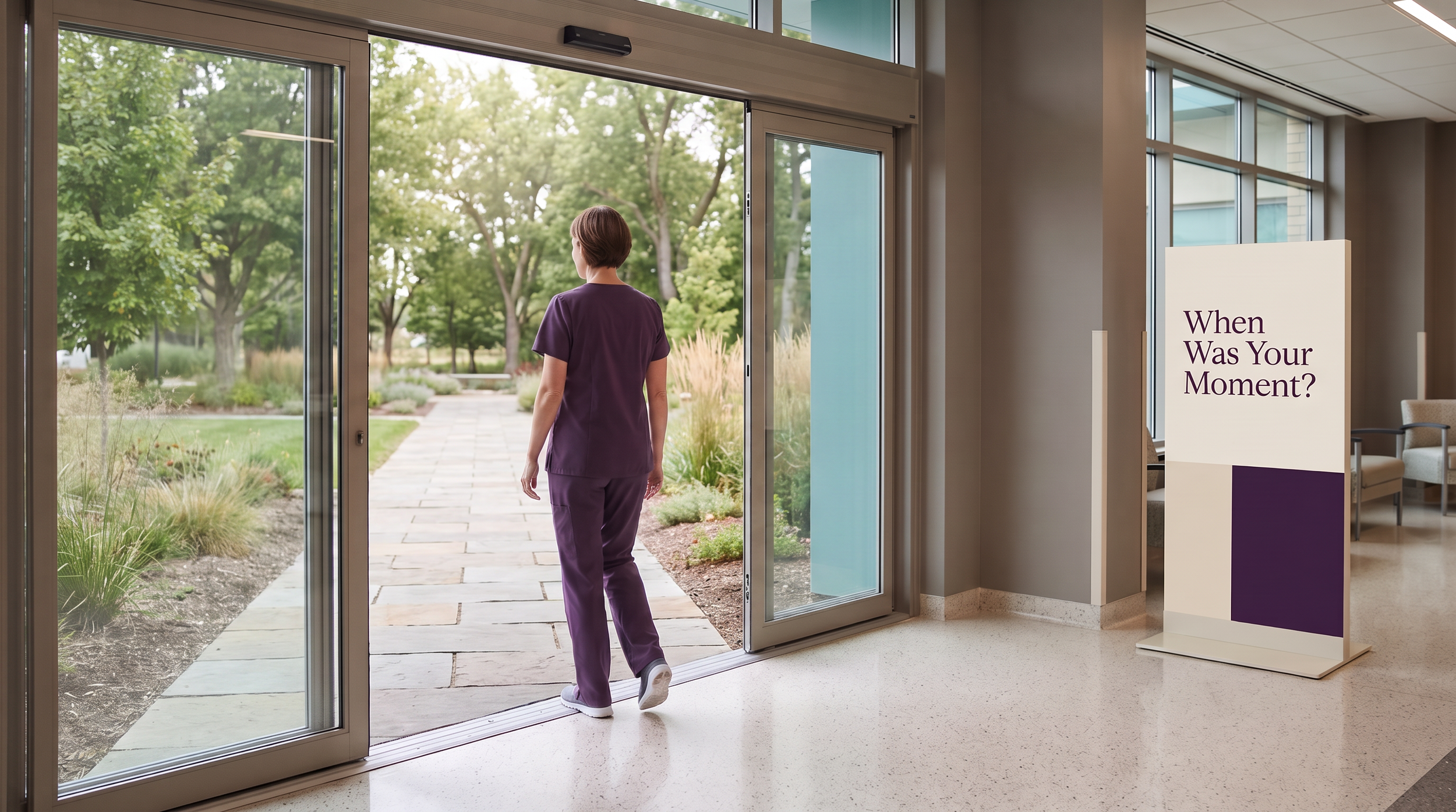 A nurse in plum scrubs walks from a healthcare lobby through open glass doors toward a green outdoor path, beside a sign reading “When Was Your Moment?”