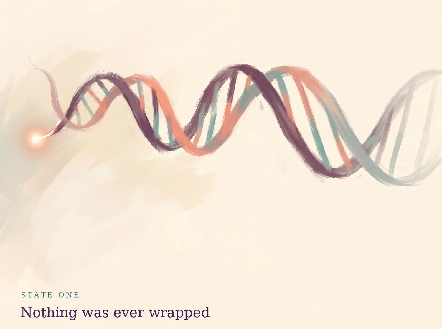 Painting: a bare DNA double helix with no wrapping along it, glowing only where it begins