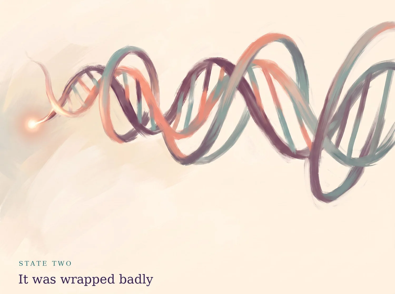 Painting: wide loose coils hovering around the helix without touching it, the glow fading as they continue
