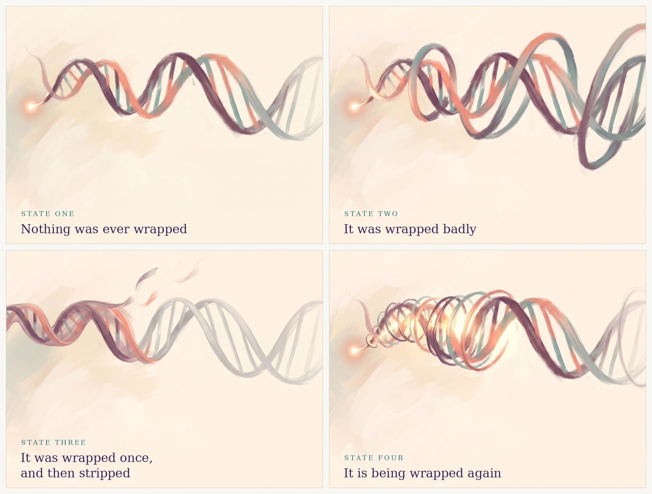 Four painted panels of a DNA double helix: never wrapped, wrapped badly, wrapped once and then stripped, and being wrapped again