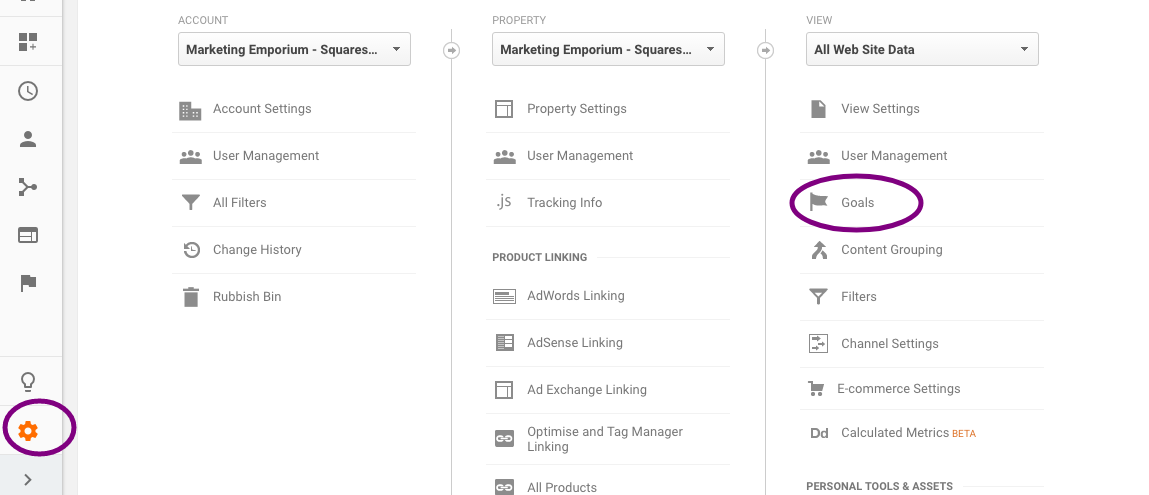 Google Analytics -> Admin -> View -> Goals