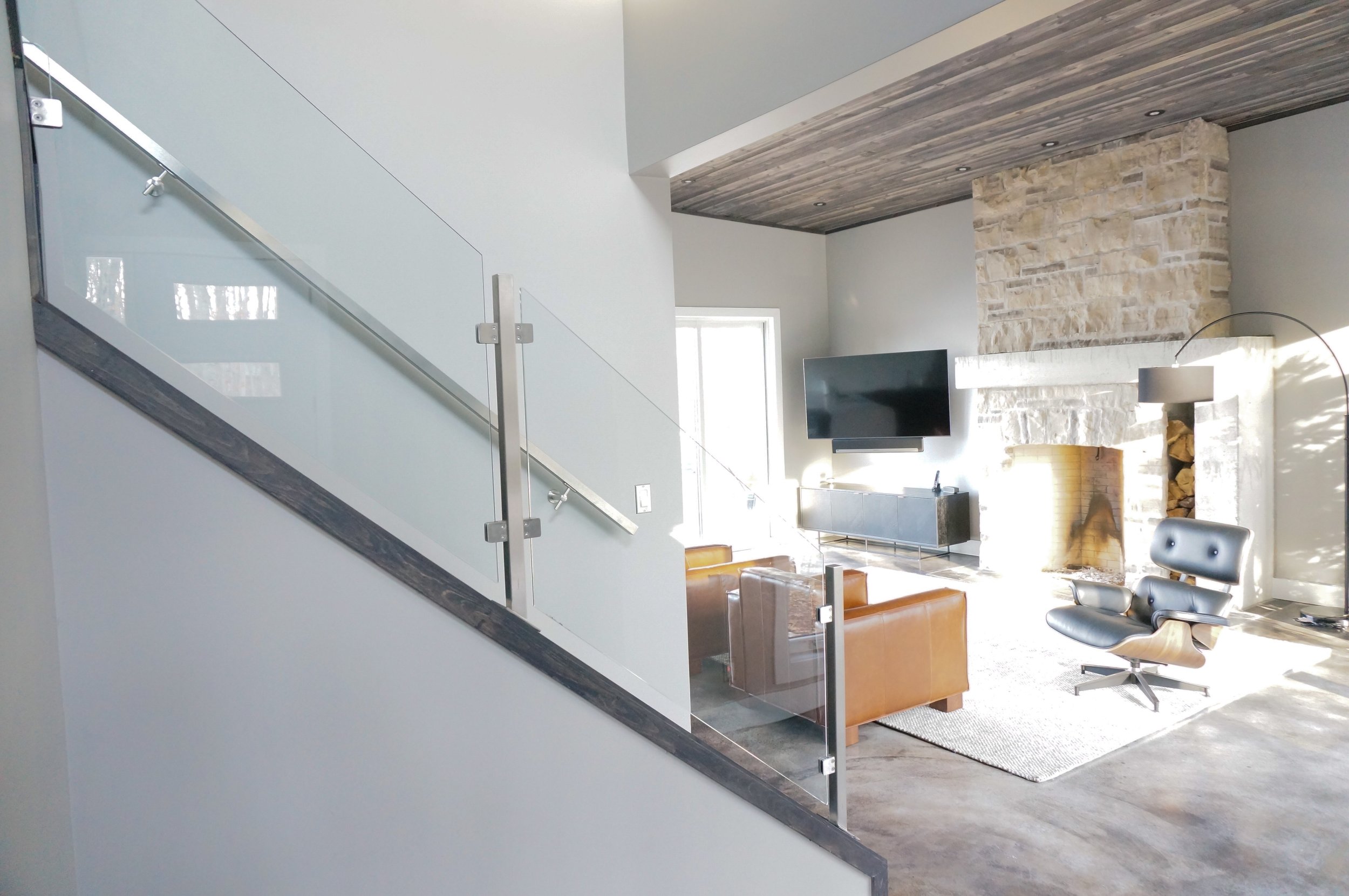  1.5” square brushed stainless guar rail post and wall mounted handrail 