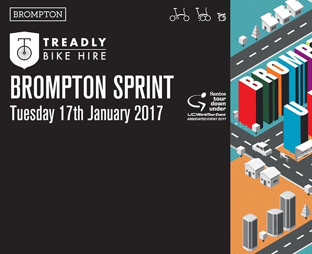 Treadly Bike Hire & Brompton Australia are hosting the Brompton Sprint during the #tdu17 in conjunction with the Santos Women's Tour Stage 4 at Victoria Park.
International Brompton Race Rules apply: Jacket and tie dress code with Le Mans start. Link in bio.
#treadlybikehire #bromptonbicycle #tdu17 #santostourdownunder