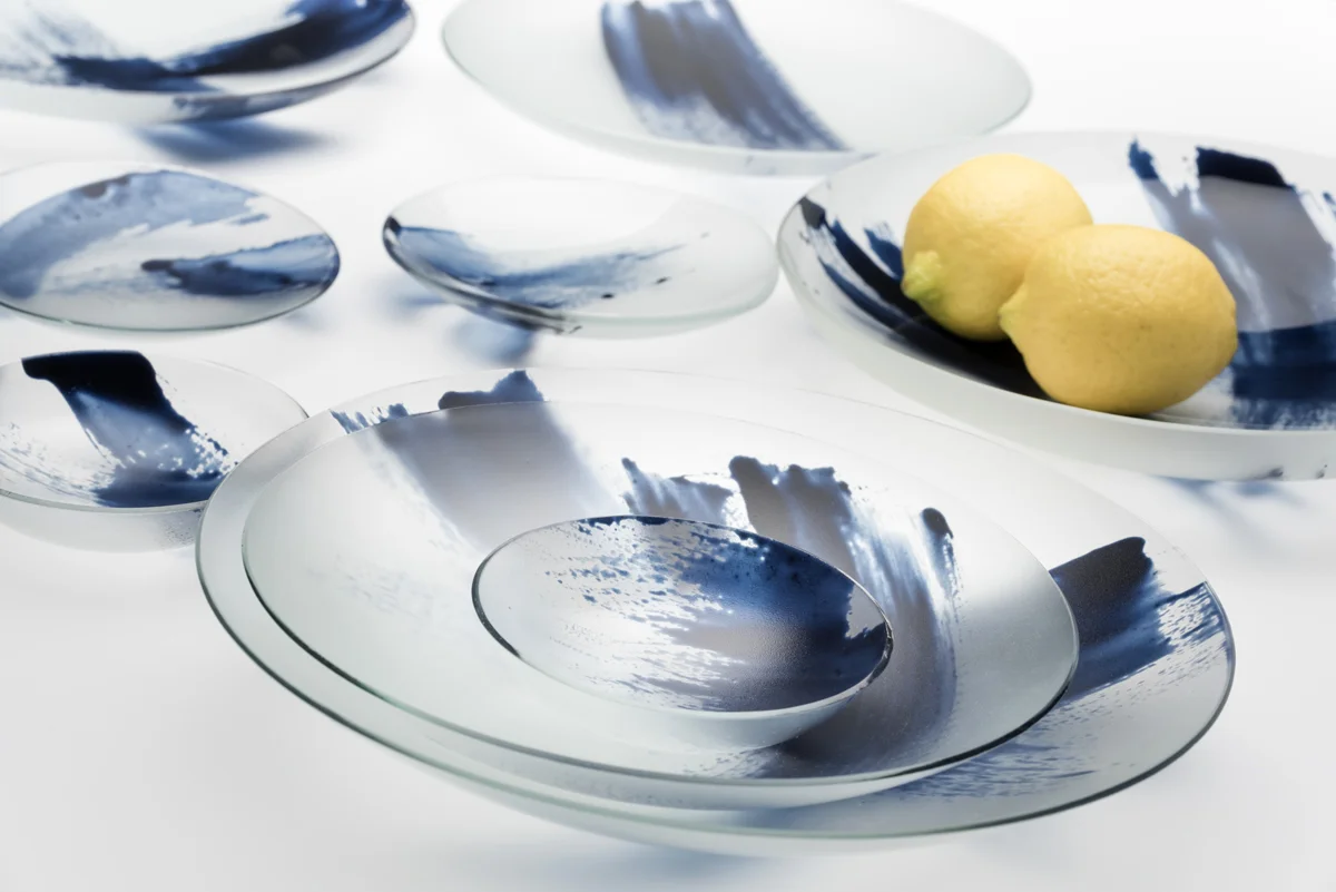 Indigo Swish Bowls, Kiln formed and enamelled glass. Image by Greg Piper