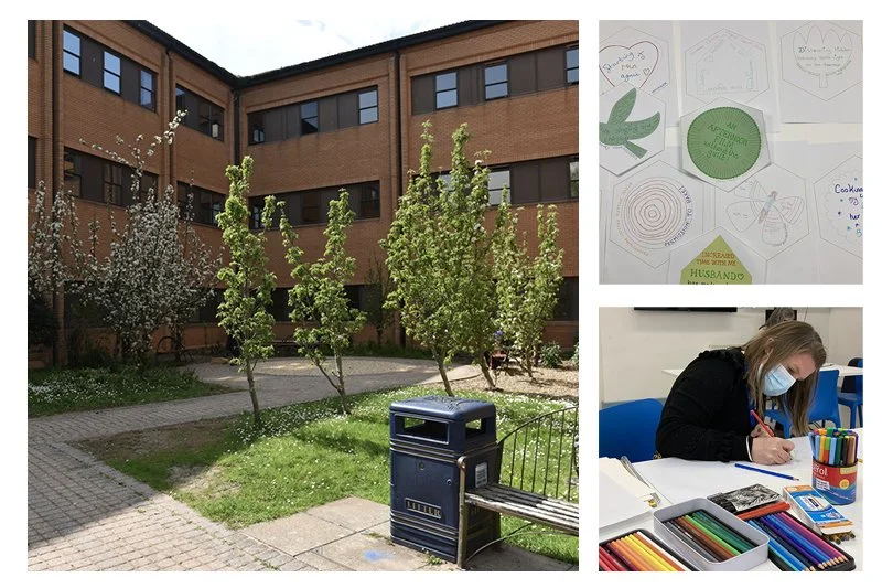  The site in Spring after it had been cleared of the rockery.  A workshop opportunity for staff to do their own artwork for the tiles. 