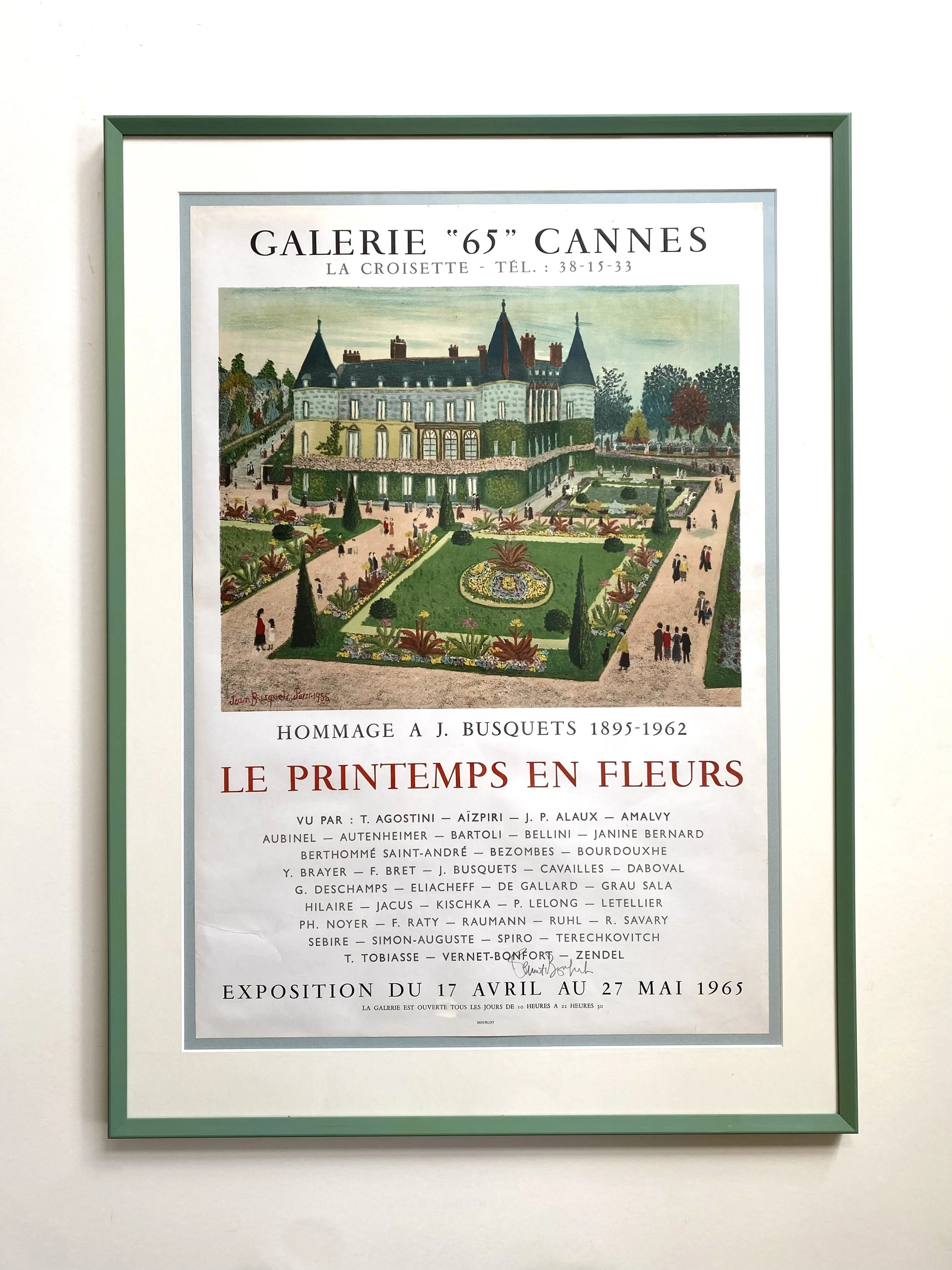 Jean Busquets, original signed lithographic poster from 1965, with hand painted frame