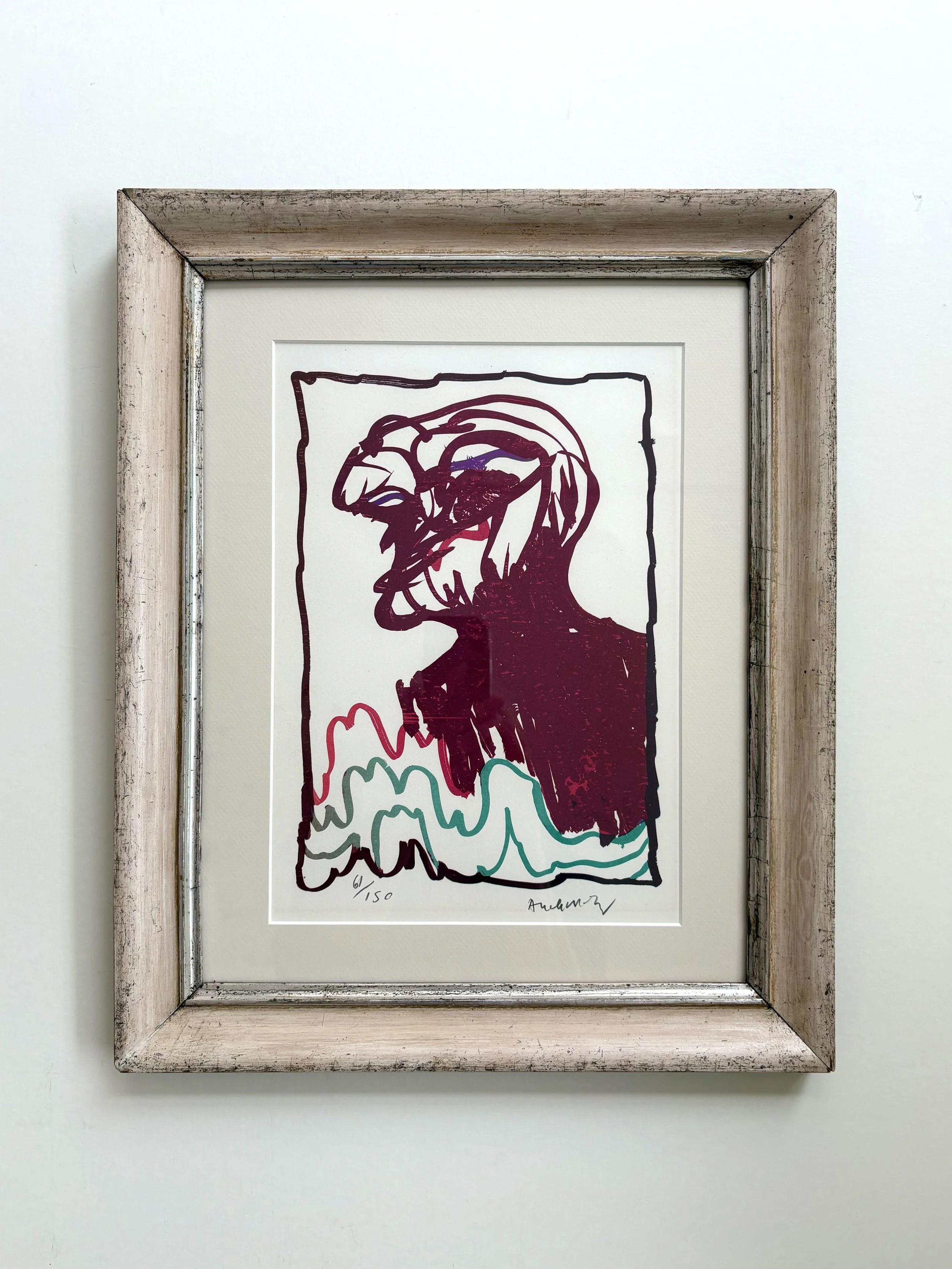 Original lithograph with art by Pierre Alechinsky, signed by hand, and with a antique wide frame