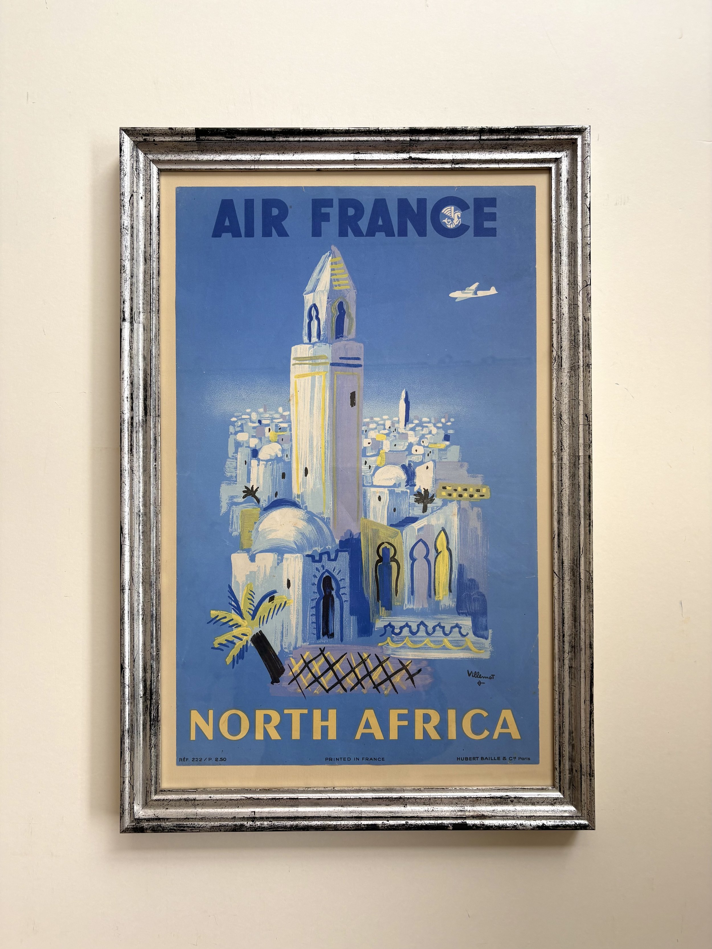 Rare lithographic poster from 1950 made to promote Air France and North Africa, with hand silvered wie frame