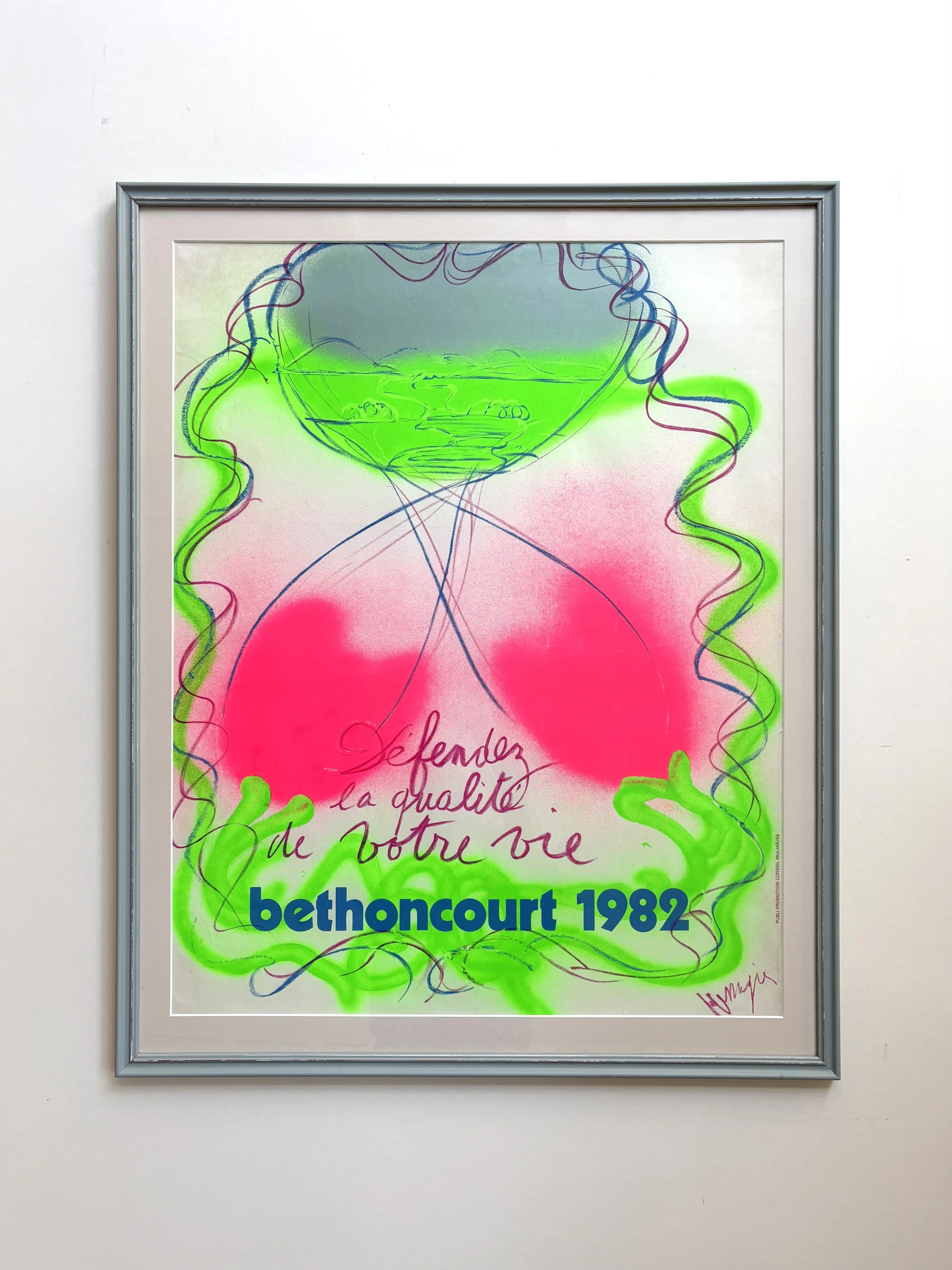 Jean Messagier, original screenprint poster from 1982, with a hand painted frame