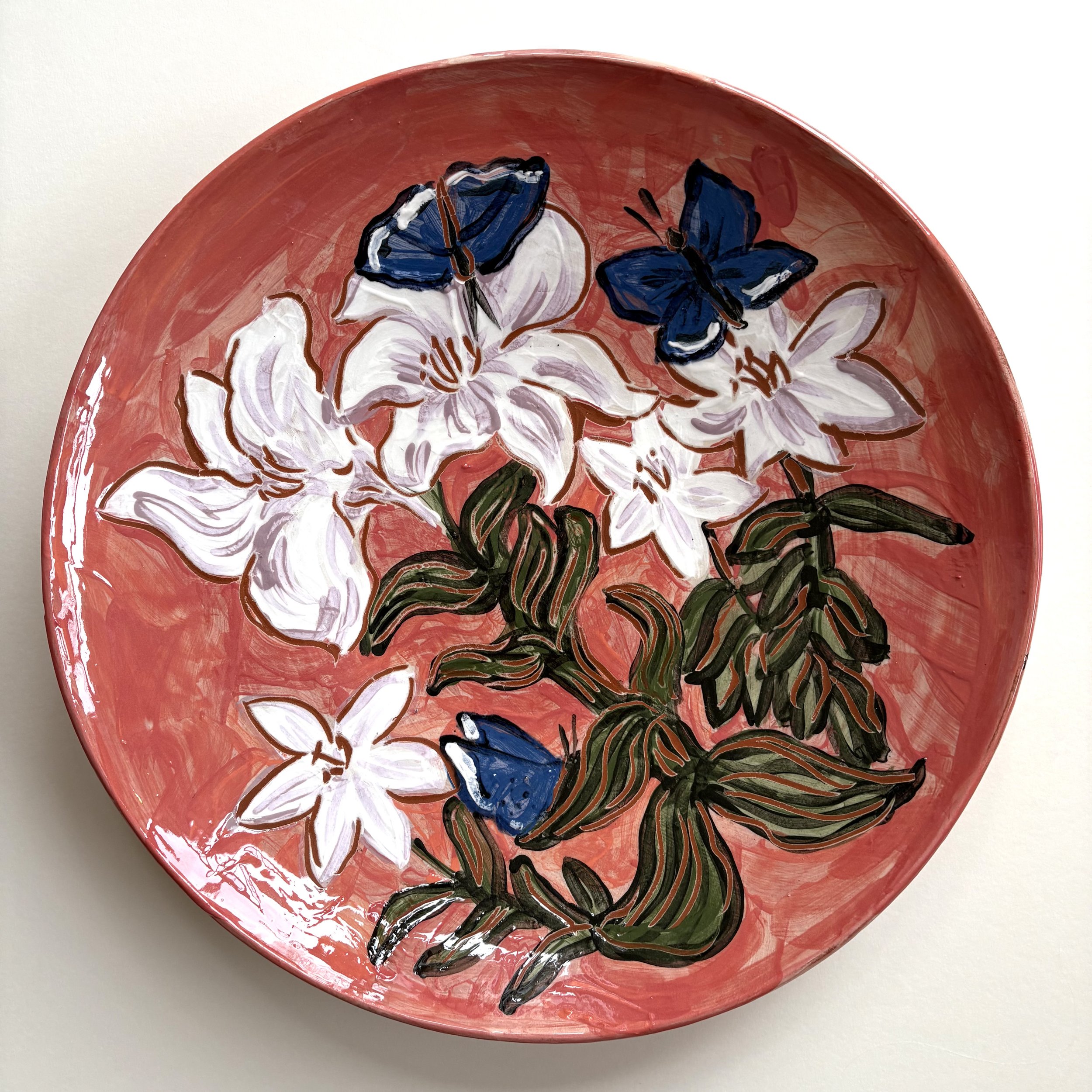 Pylle Søndergaard, large unique dish in glazed pottery,Flora danica