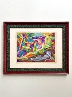 Pierre Lacroux signed gouache, with antique wide frame  in red and green