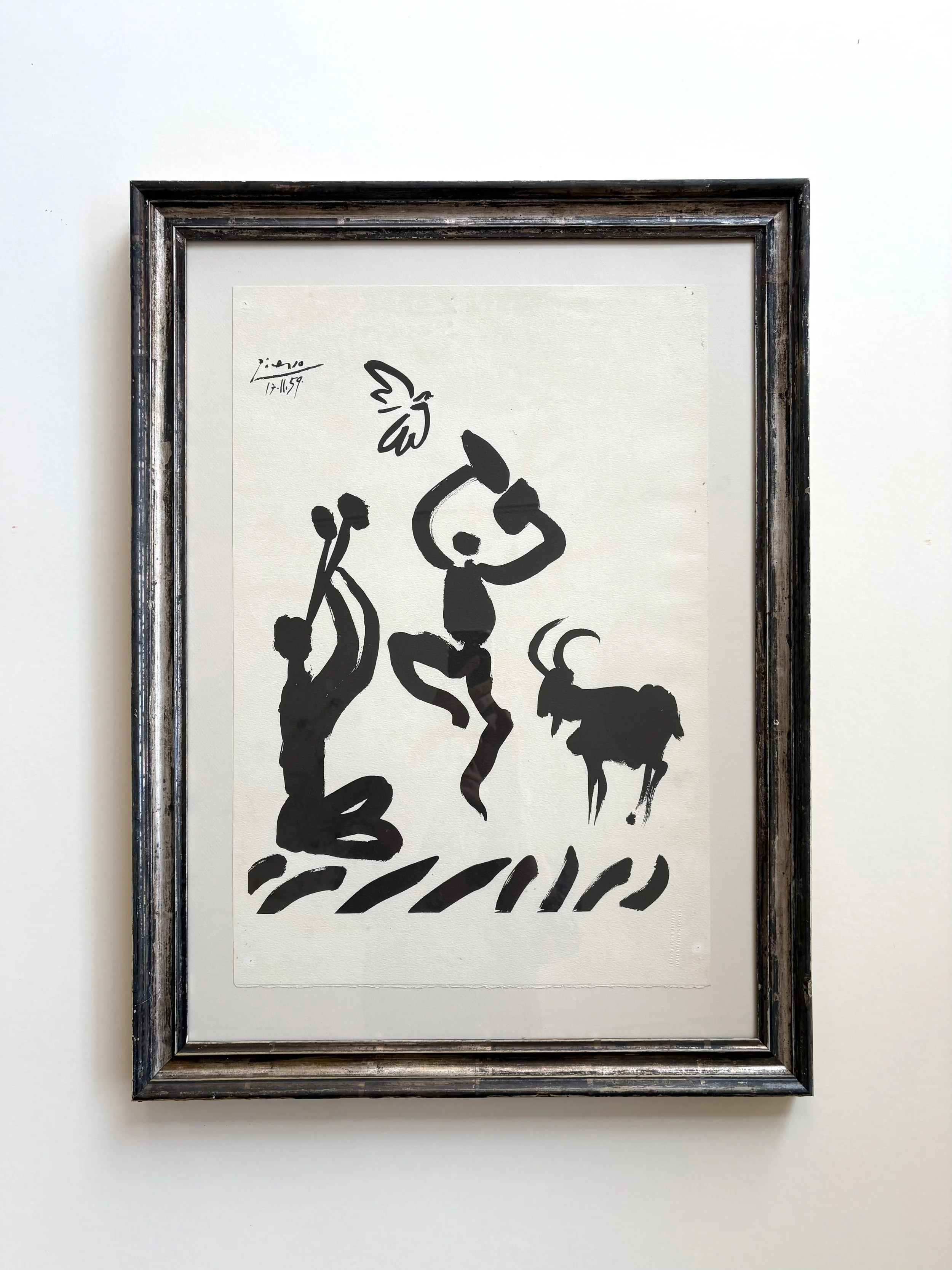 Pablo Picasso, vintage lithograph from 1959, with antique hand silvered frame