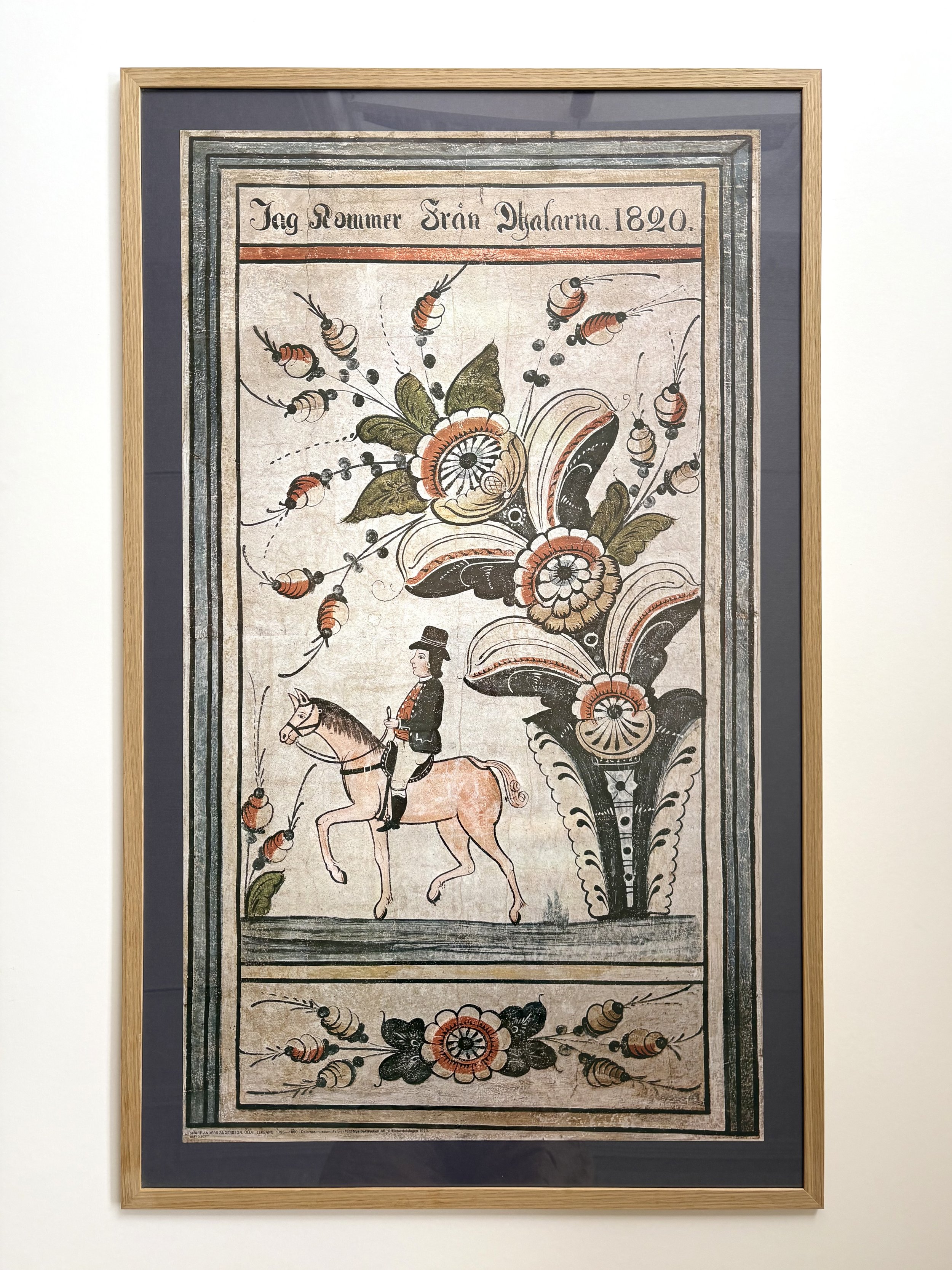 Large original Swedish exhibition poster featuring Dalarna folk art, with oak frame