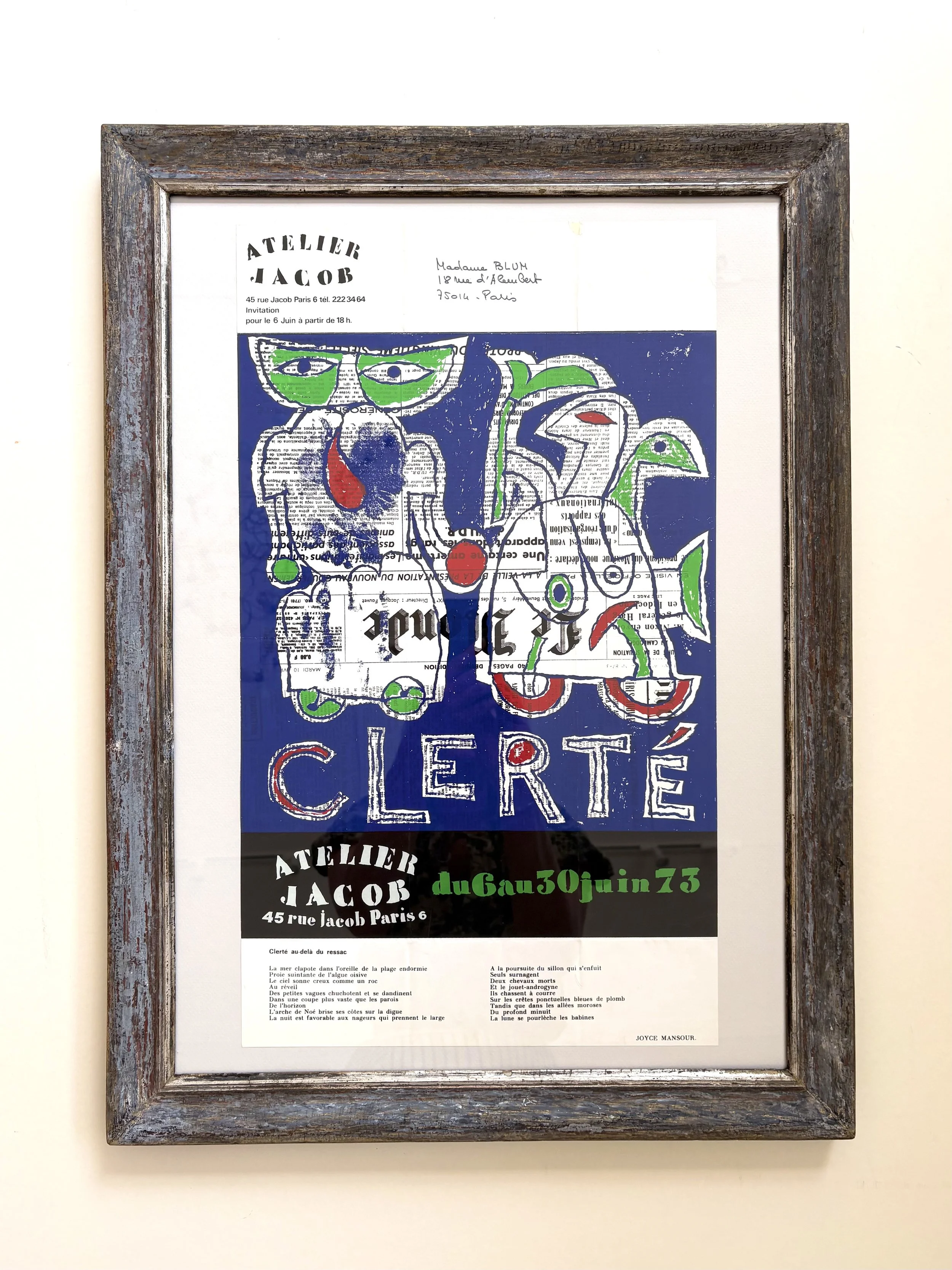 Original lithographic poster from an exhibition in 1973 at Atelier Jacob in Paris, with an antique frame