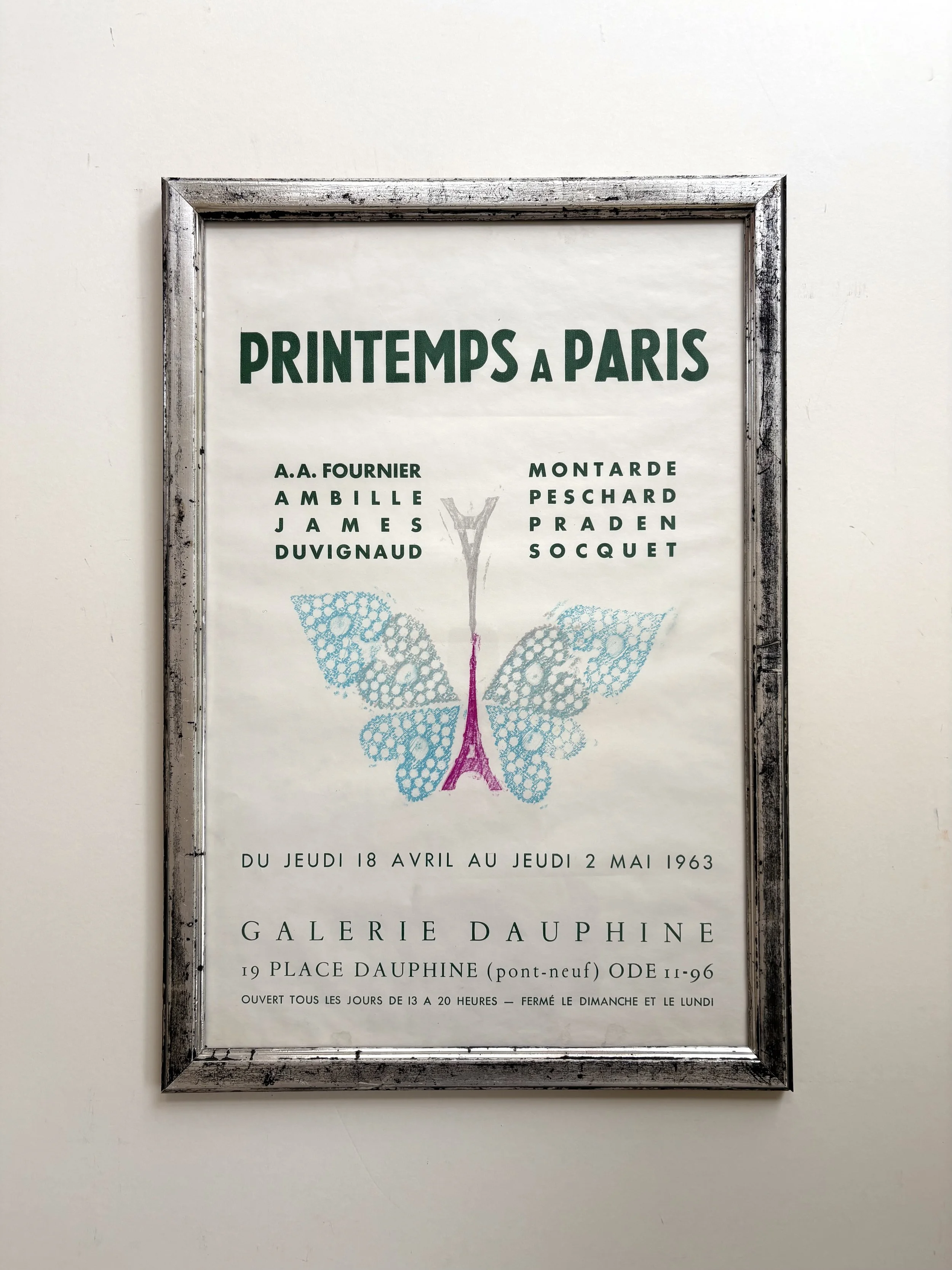 Original lithographic poster from spring 1963, framed with a french antique hand silvered frame