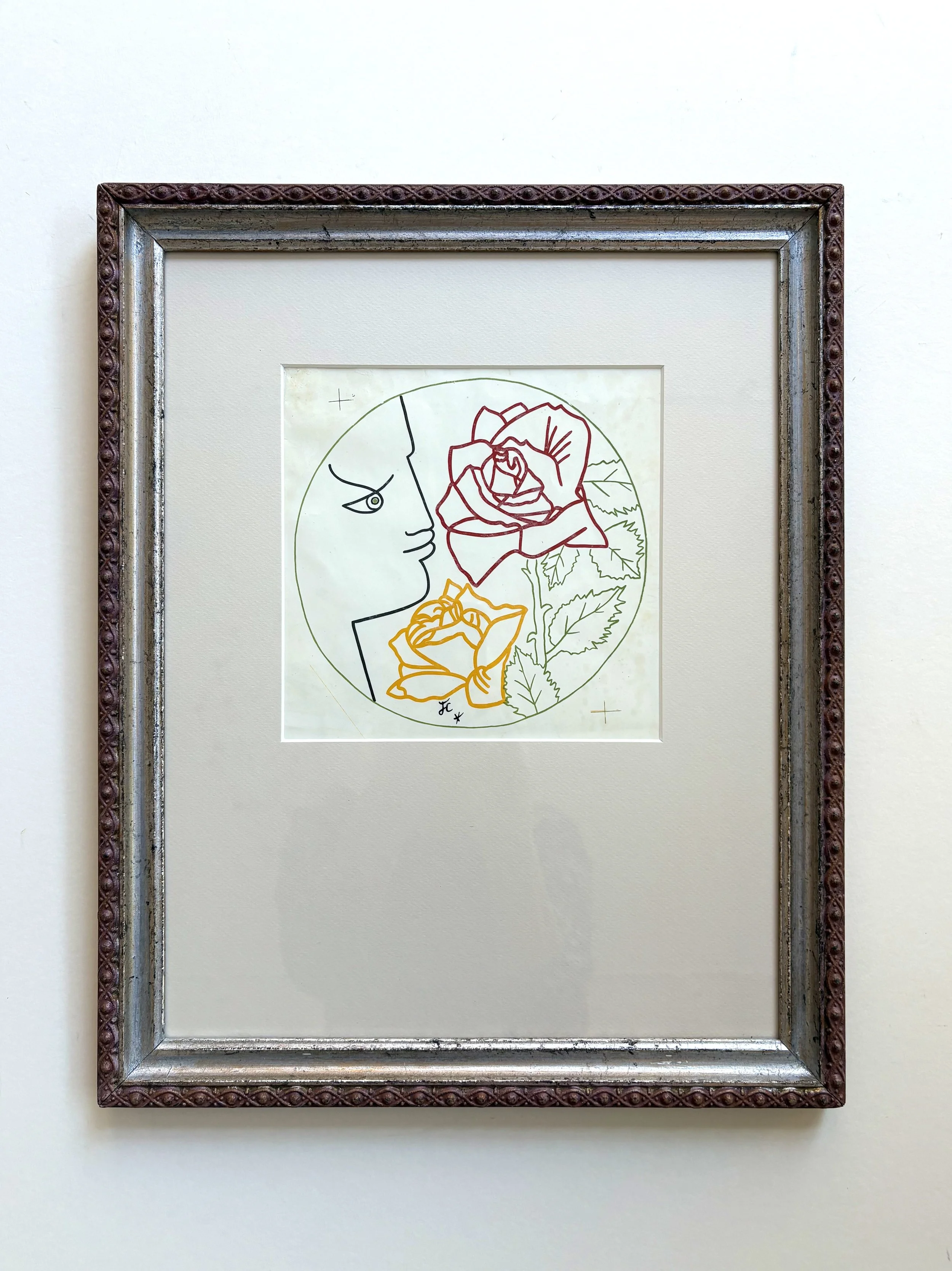 Jean Cocteau, design for a porcelain dish, framed with an antique silver frame