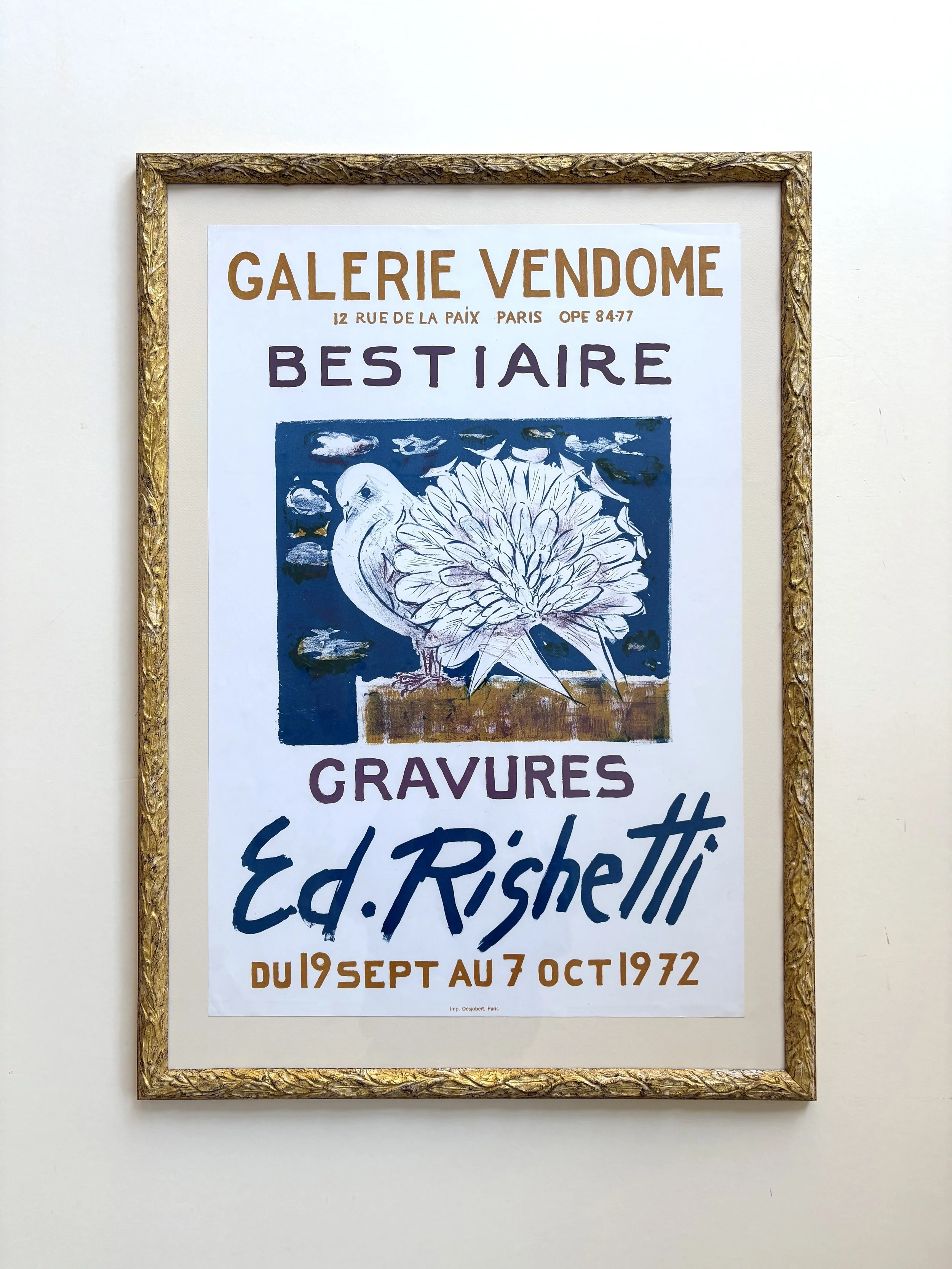 Edouard Righetti, original lithographic poster from 1972, with antique golden frame