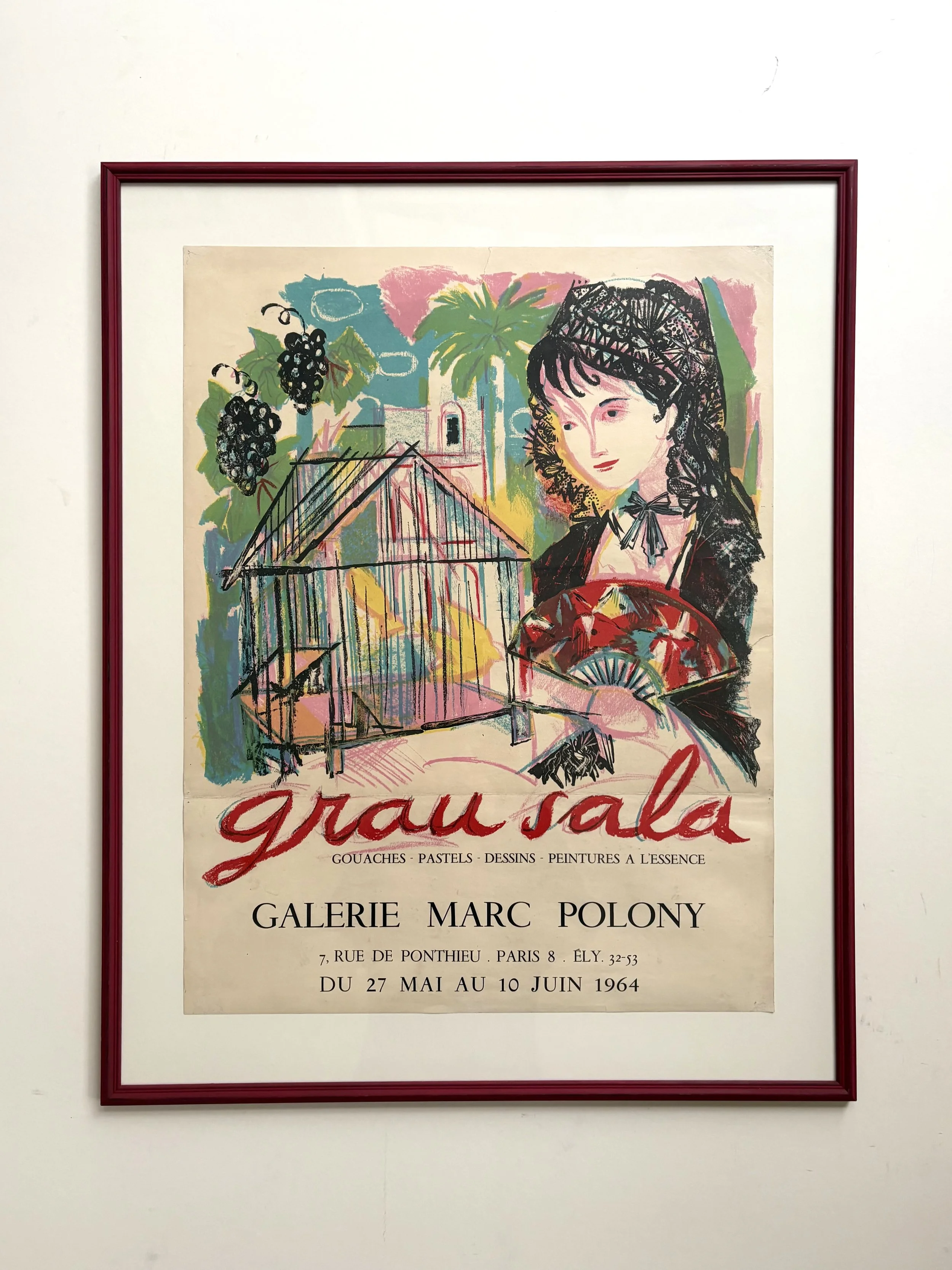 Emilio Grau Sala, original lithographic poster from 1964, with hand painted frame