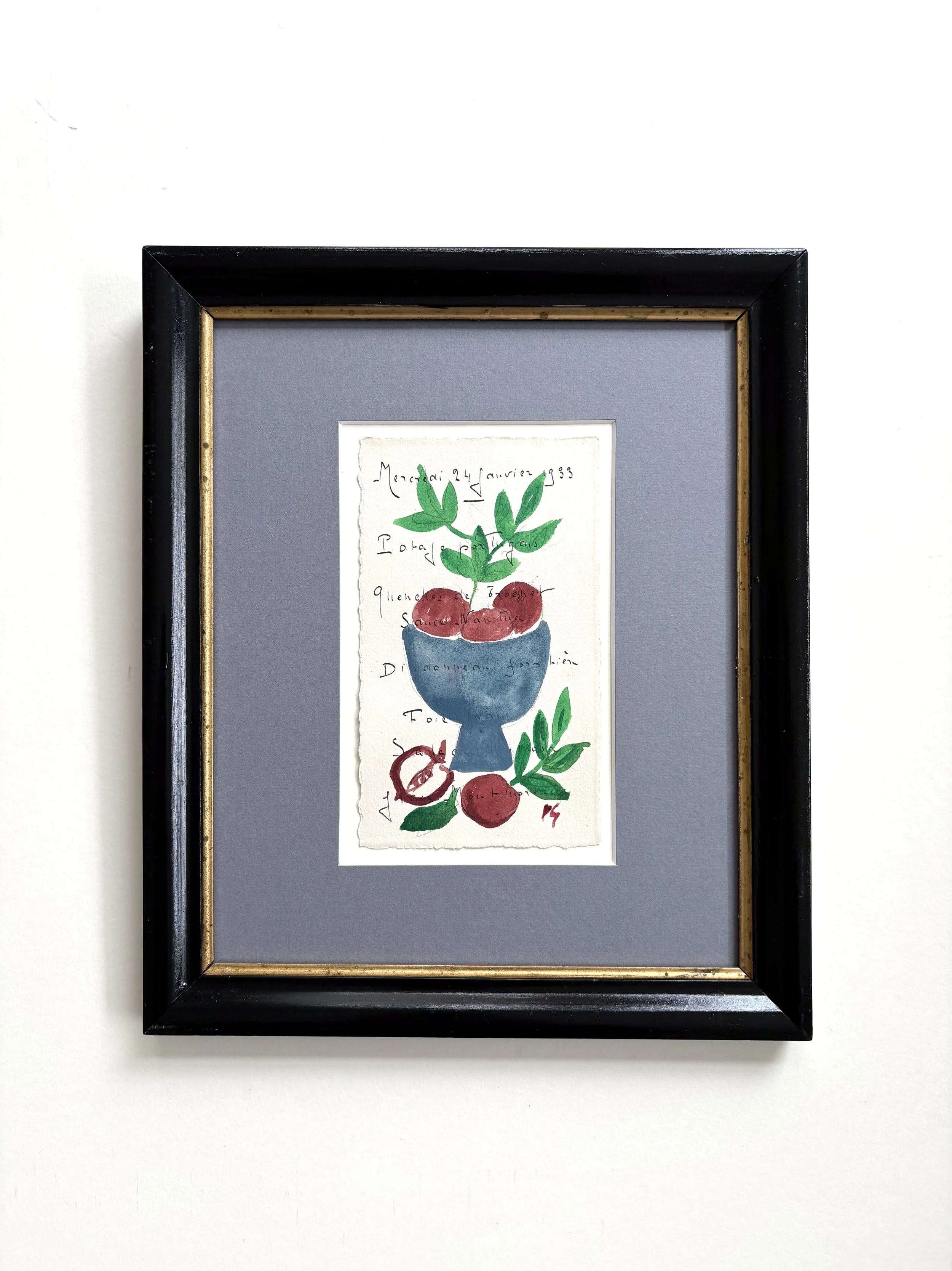 Unique tempera drawing by Pylle Søndergaard on a antique menu card