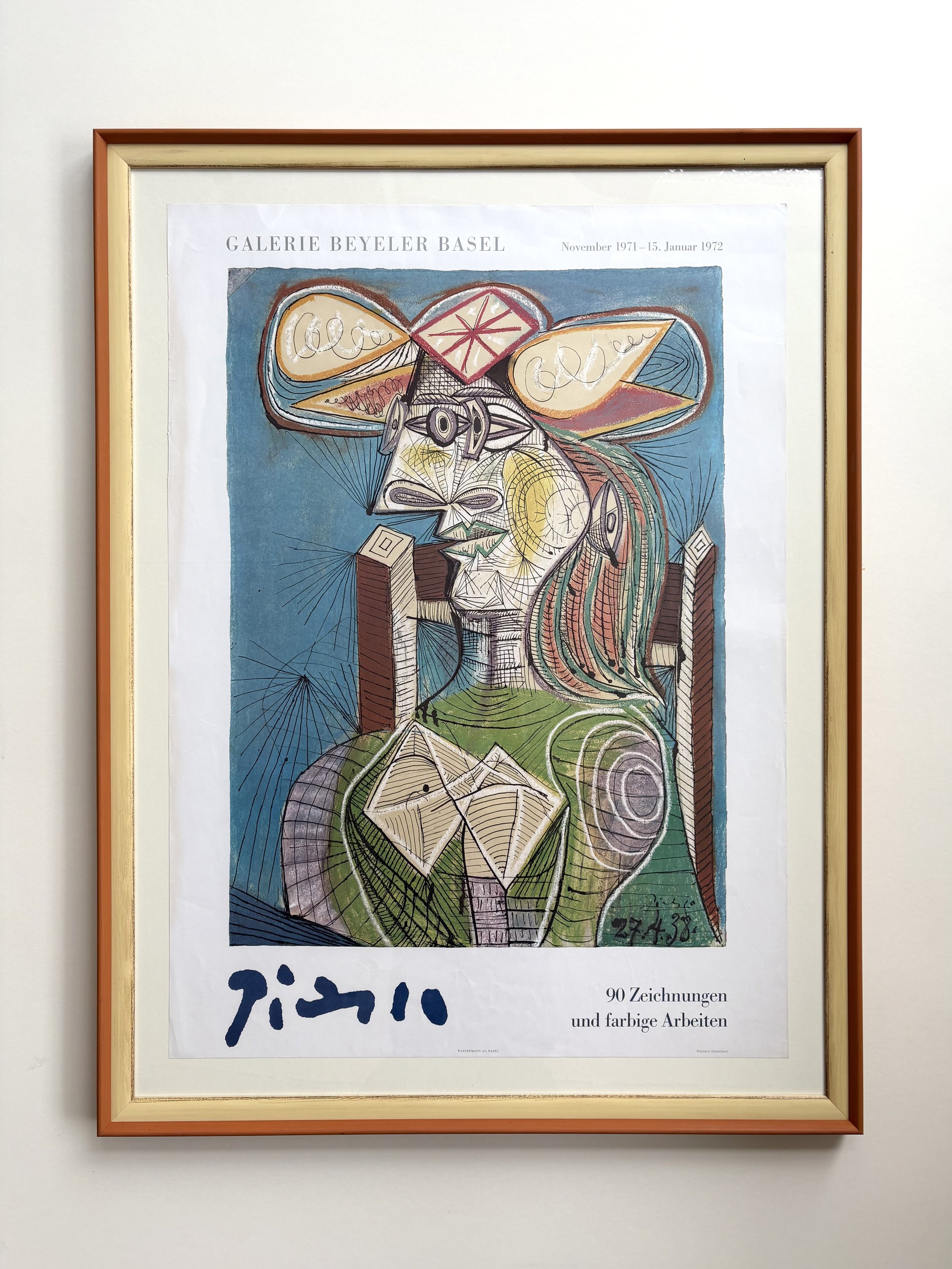 Pablo Picasso, original lithographic poster from 1972, with double frame
