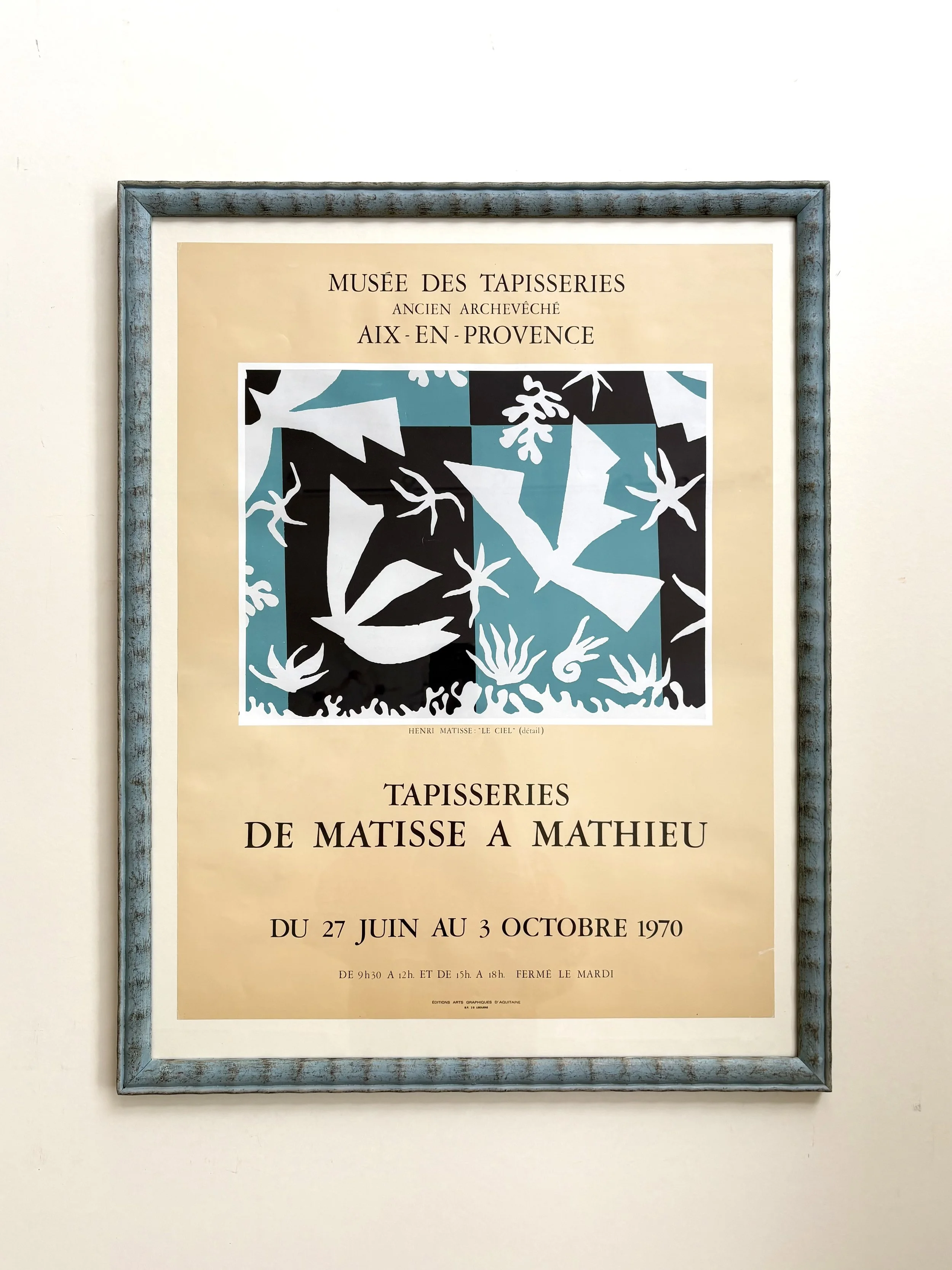 Original poster from 1970 with art by Henri Matisse for exhibition at Aix en Provence, with vintage frame